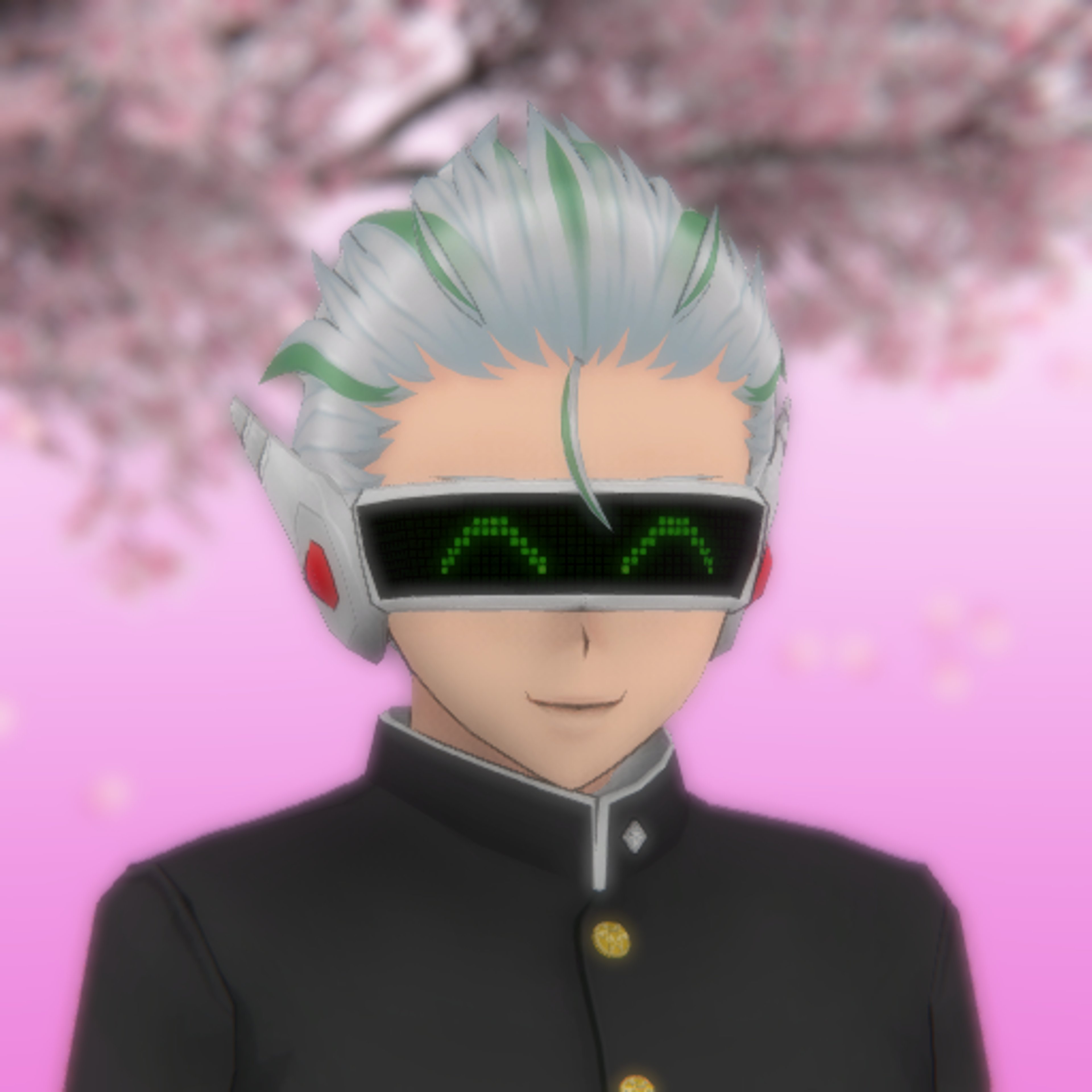 An anime-style character with gray and green hair wearing a black uniform and a metal visor
