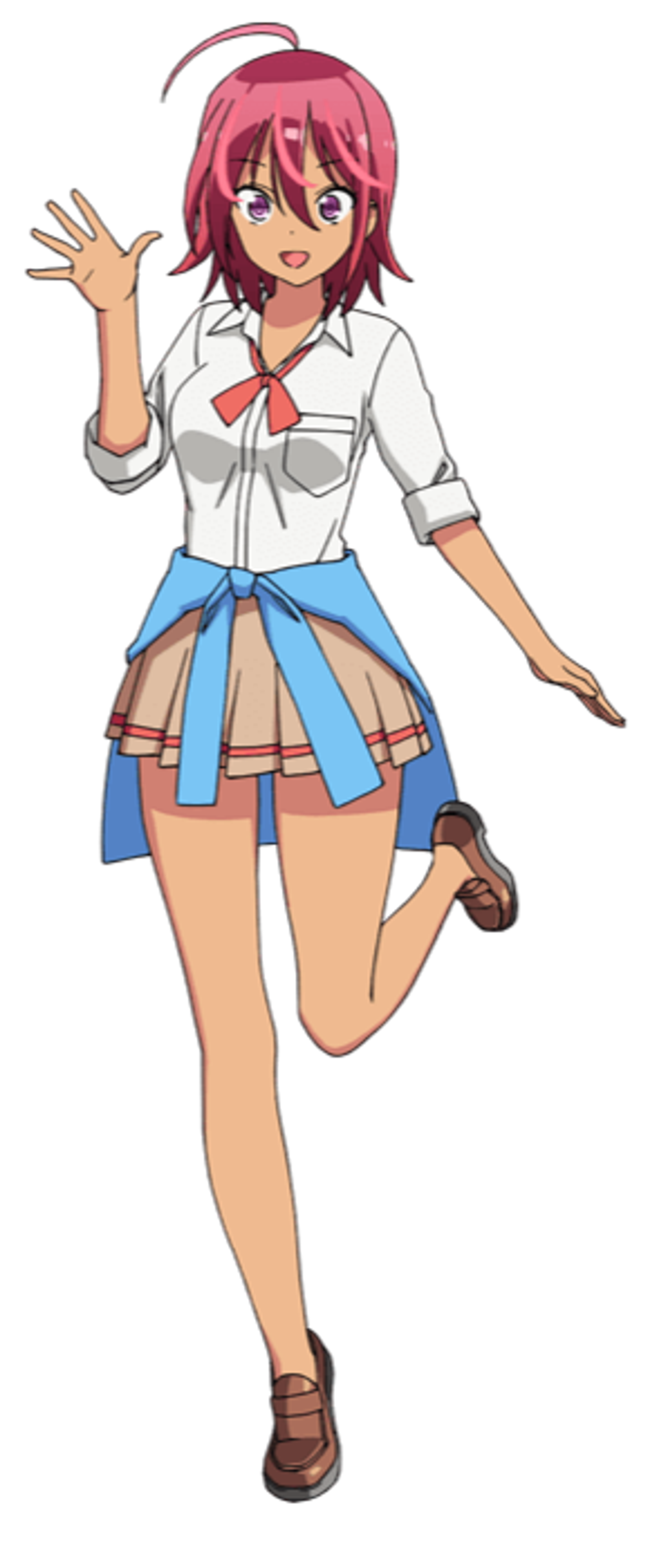 An anime-style character with pink hair, violet eyes, and a school uniform