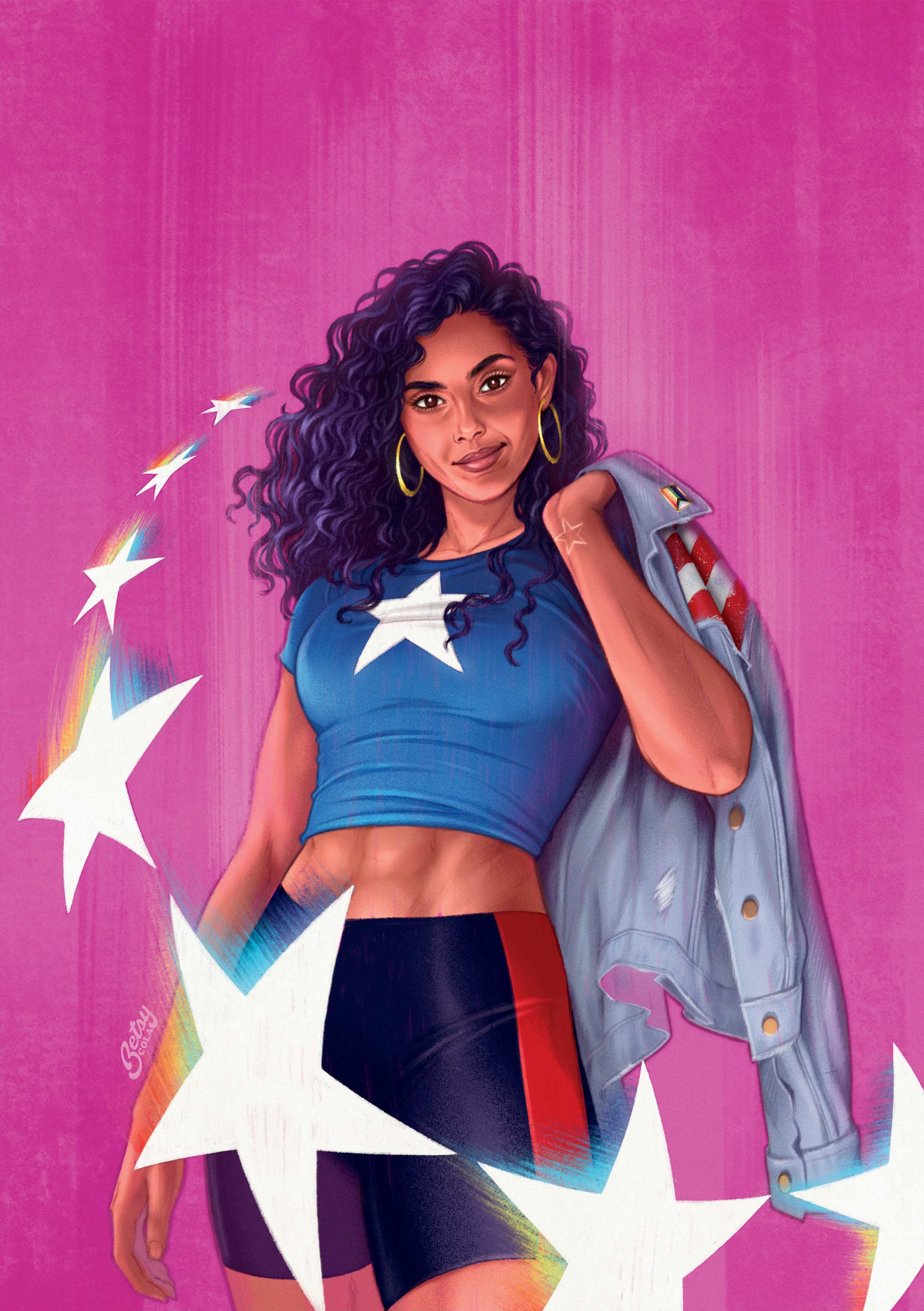 A confident, powerful young woman with curly dark hair and star tattoos, wearing a blue crop top and black shorts, surrounded by colorful stars and shapes.