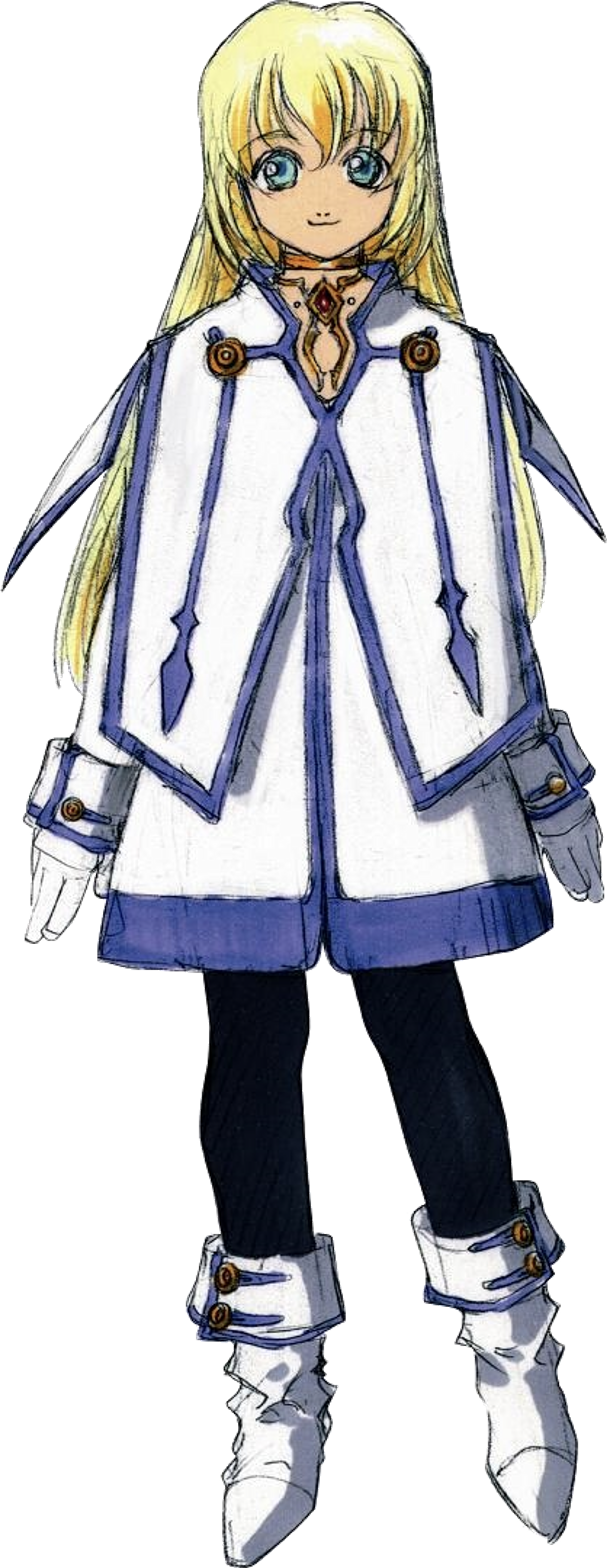 An anime-style female character with long blonde hair and a gentle expression, wearing a white and blue outfit.