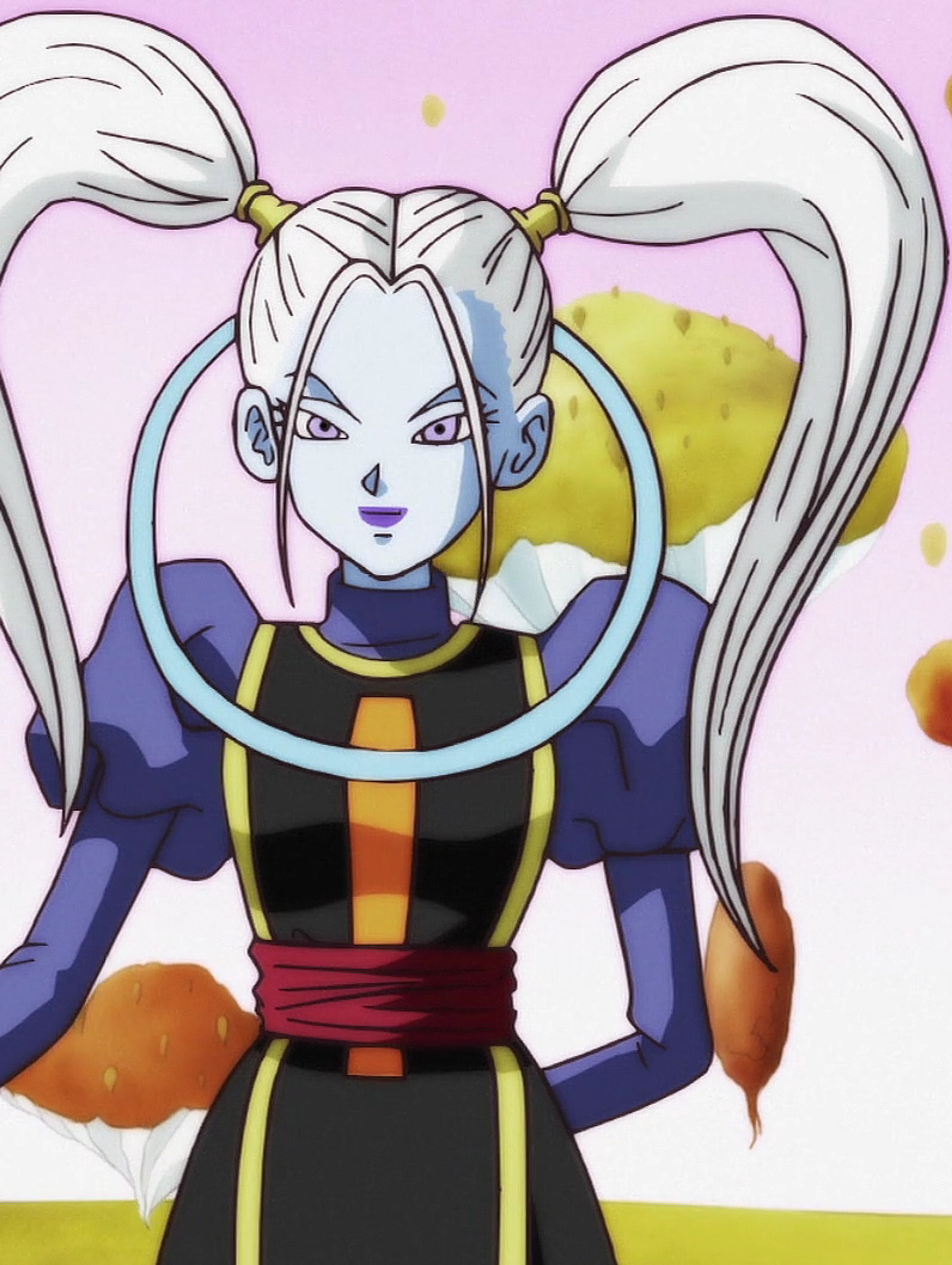 A powerful and regal angel character with long pigtails and ornate attire