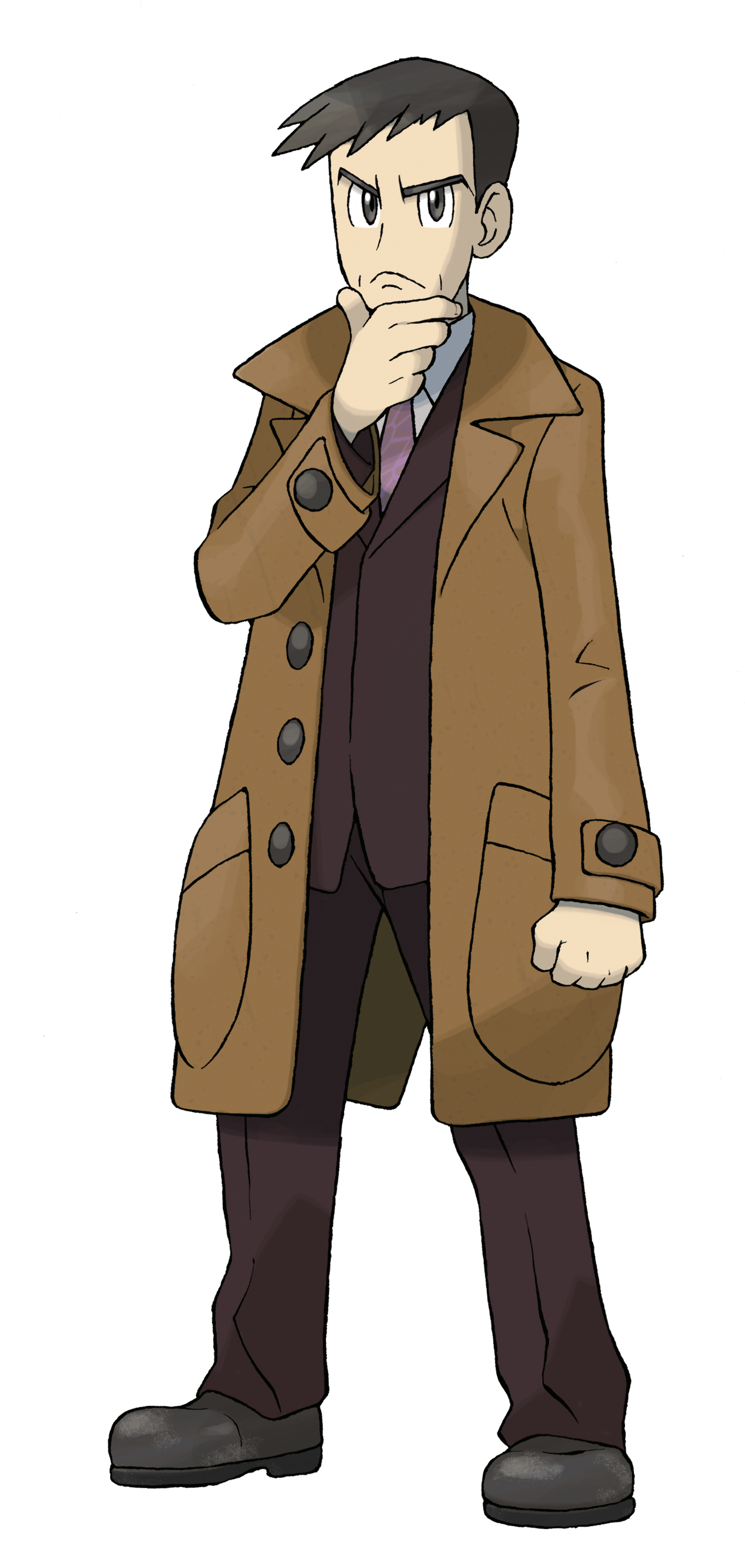 A serious-looking man in a trenchcoat and suit