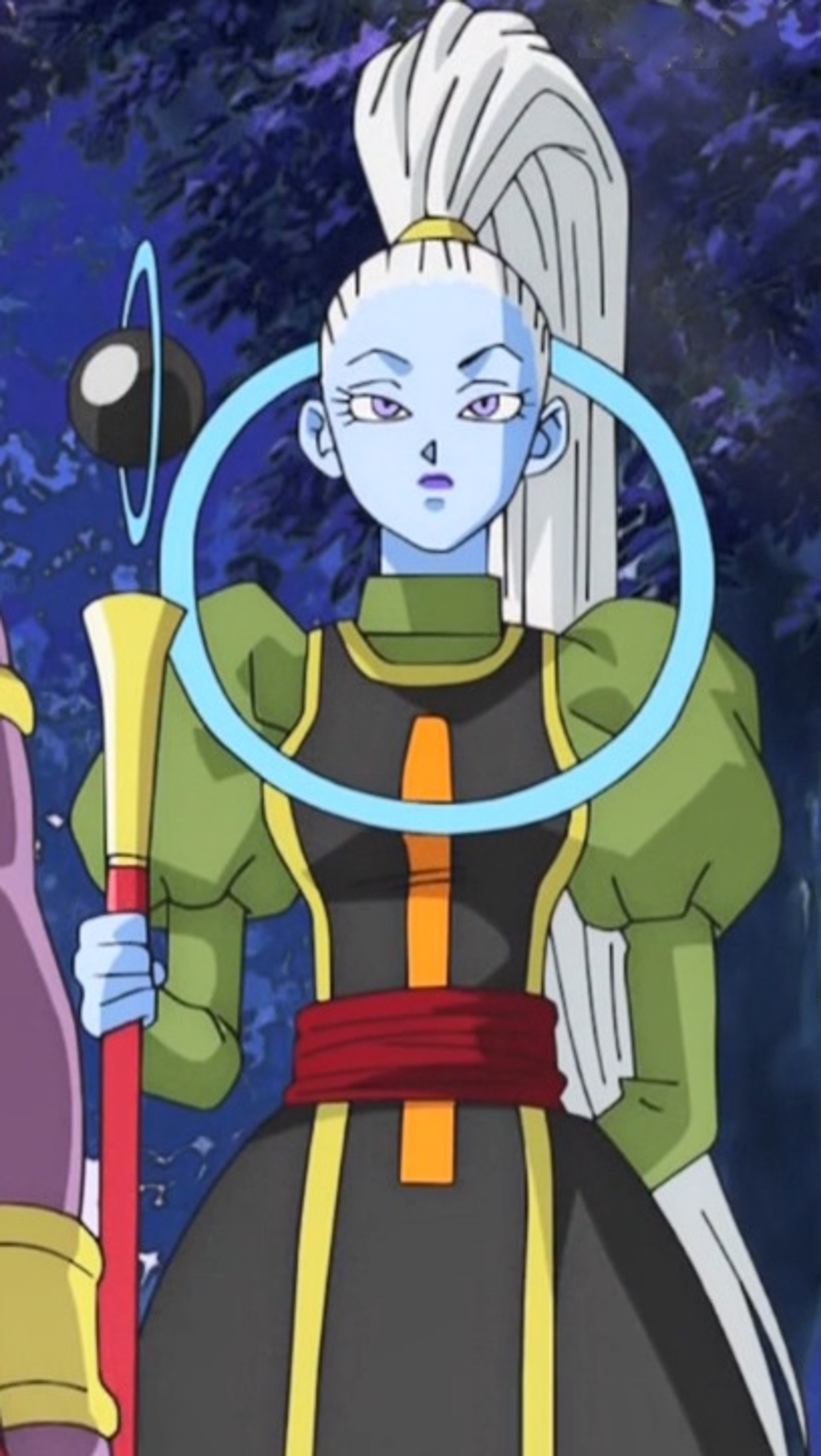 An anime-style character with blue skin, white mohawk hair, and a green and yellow outfit holding a staff or weapon