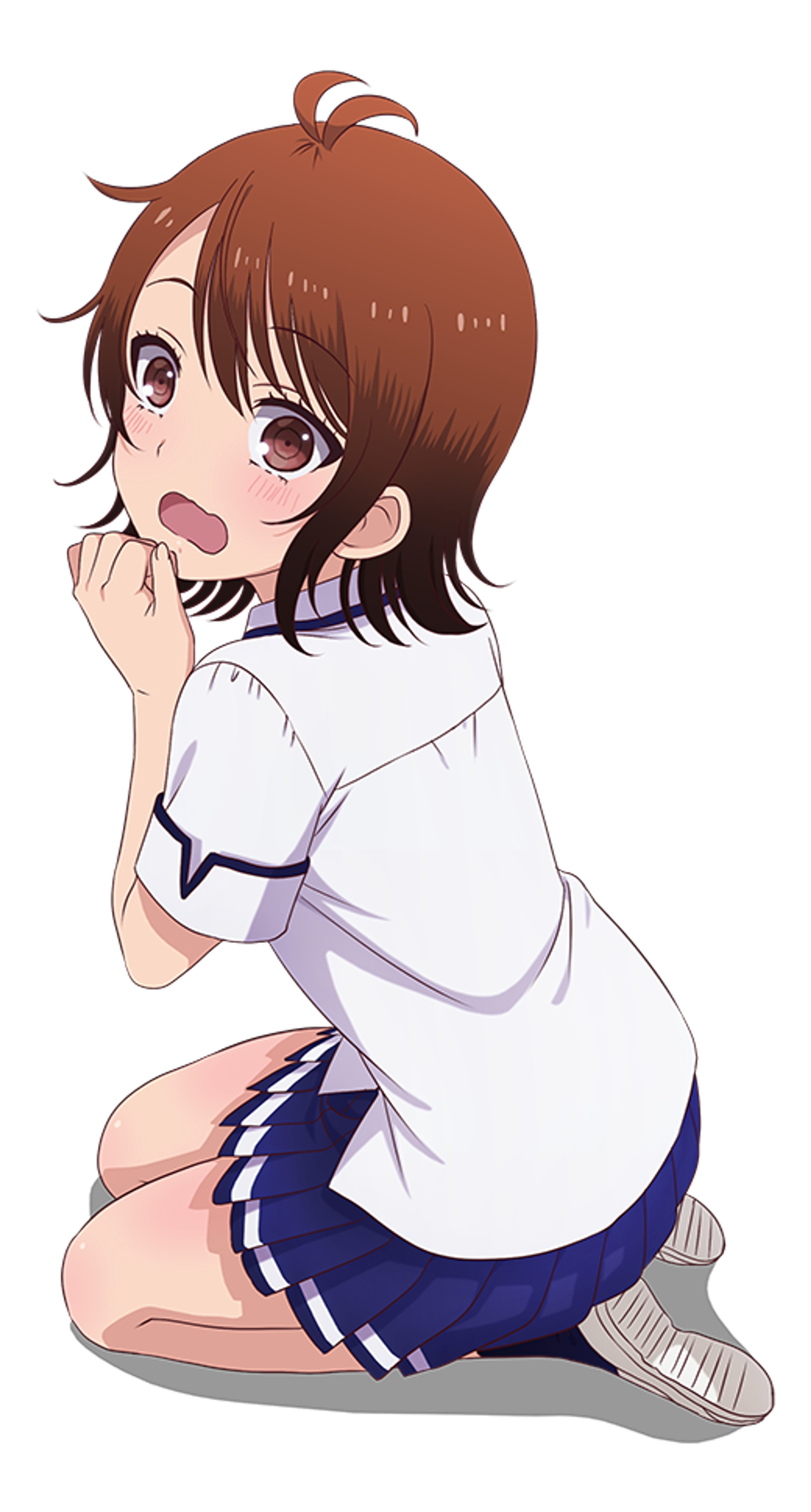 An anime-style character with brown hair and eyes, wearing a white shirt and blue skirt, sitting in a playful pose.