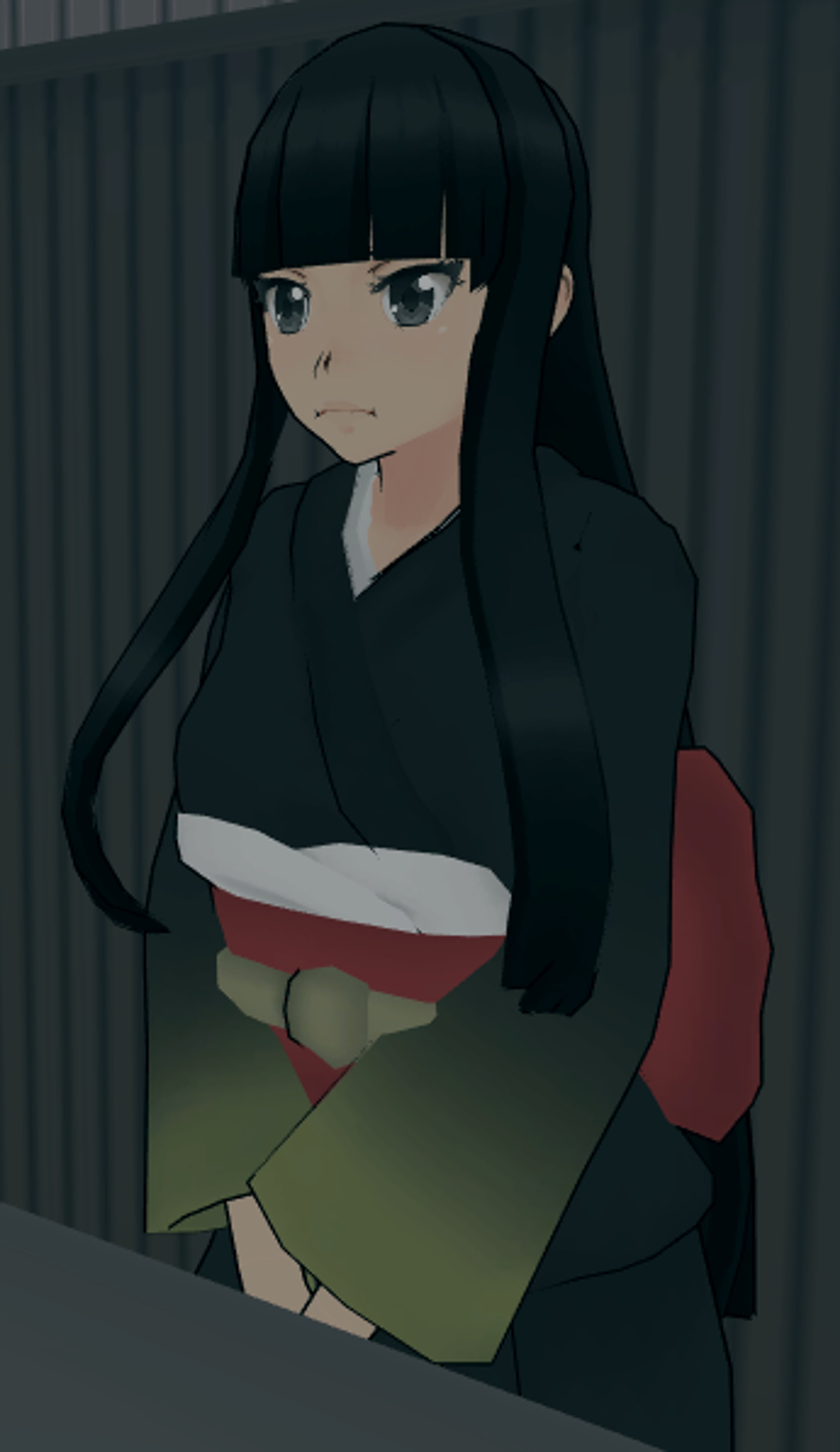 A young woman in traditional Japanese clothing with black hair and eyes, standing in front of a dark background.