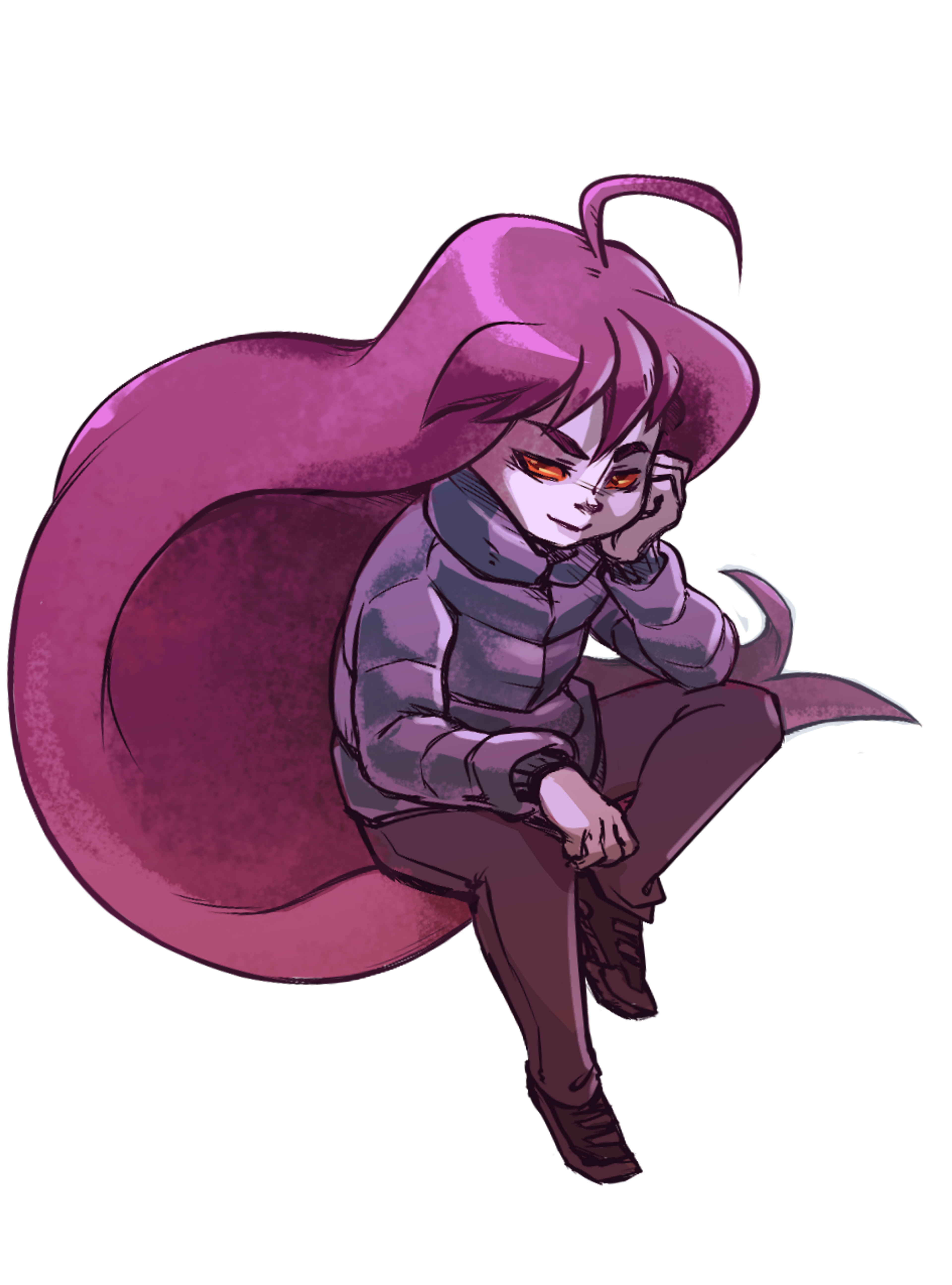 A purple-haired, purple-skinned humanoid figure levitating above the ground with a purple aura.