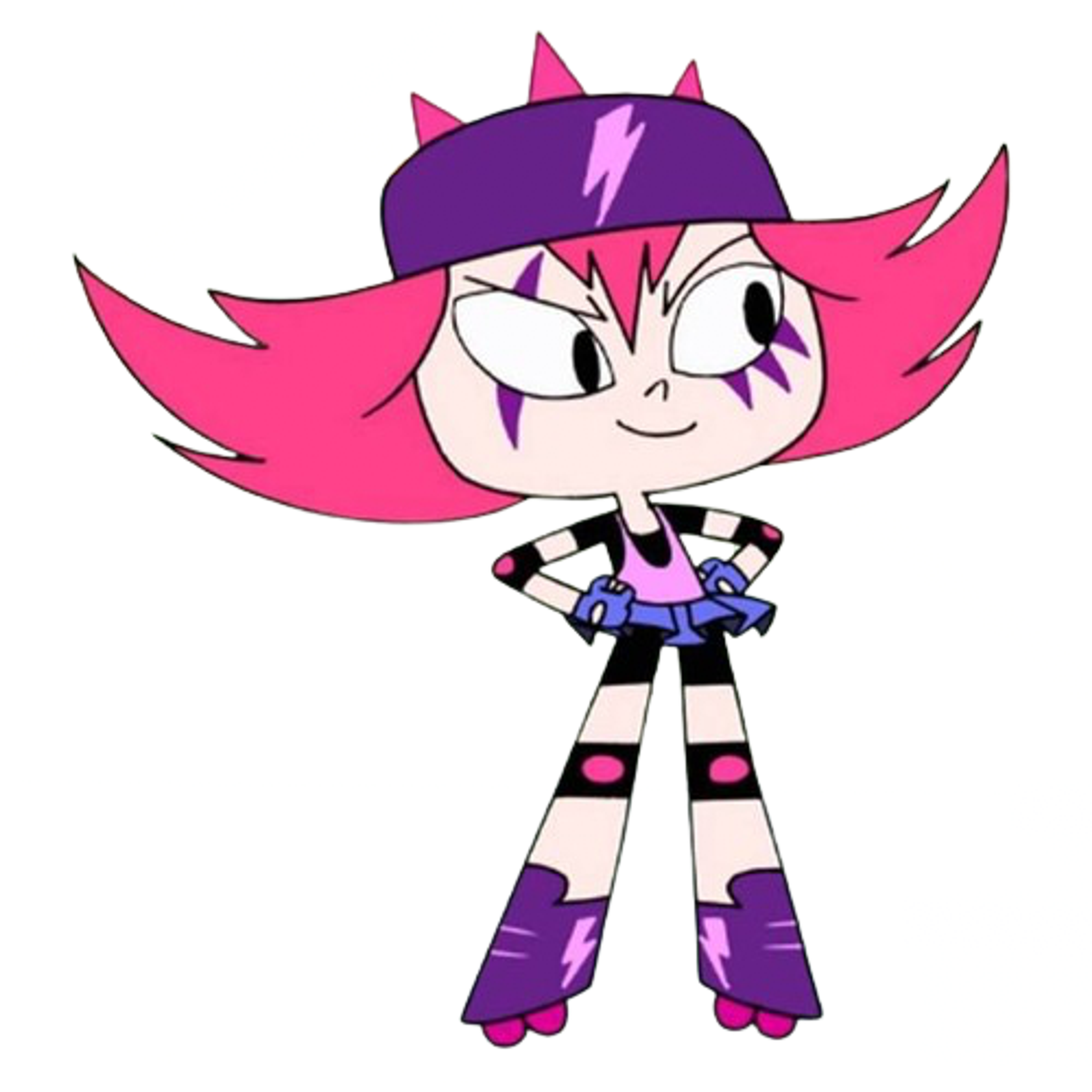 A young woman with pink hair and a punk-inspired style, wearing a black and purple outfit.