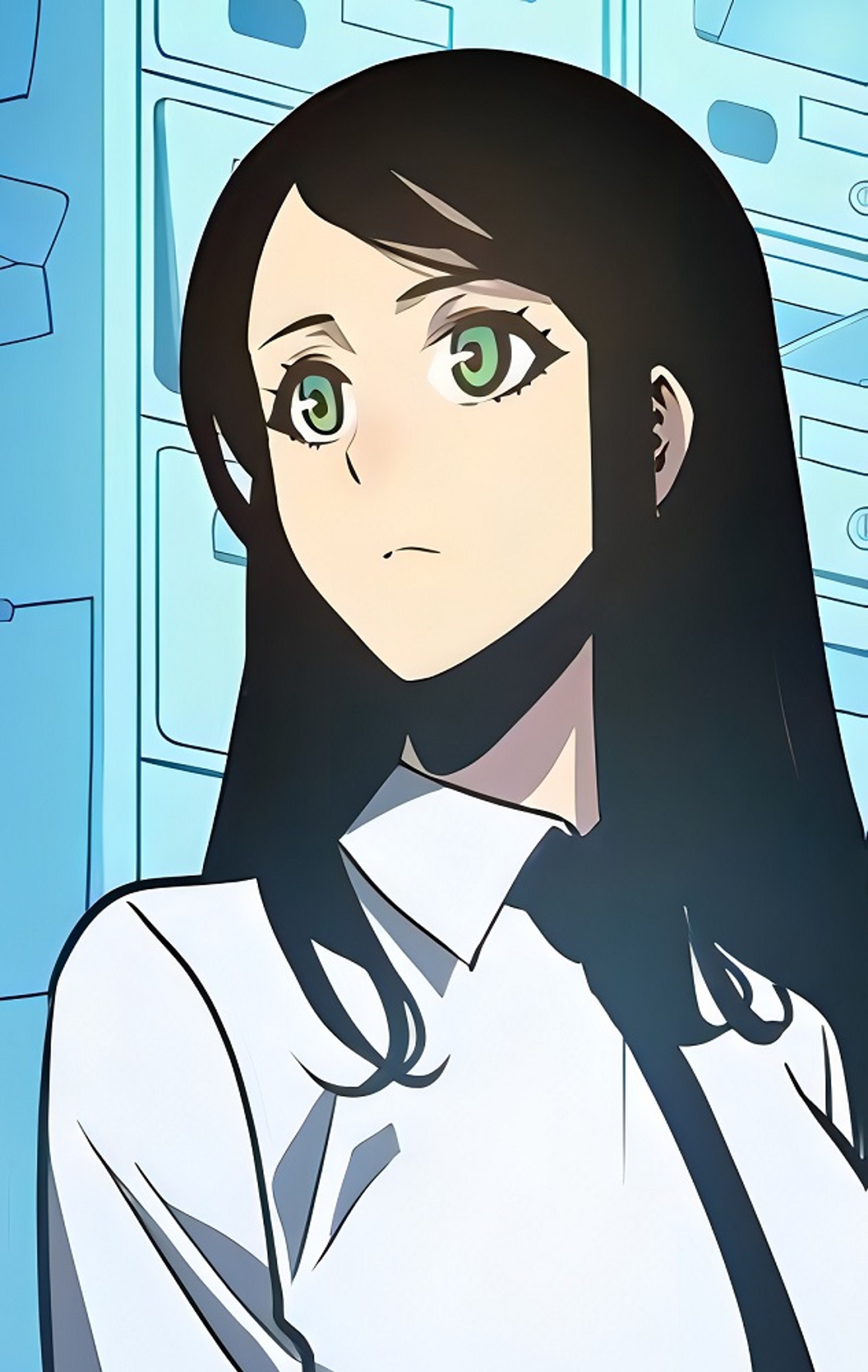 An anime-style character with long black hair and green eyes wearing a white collared shirt