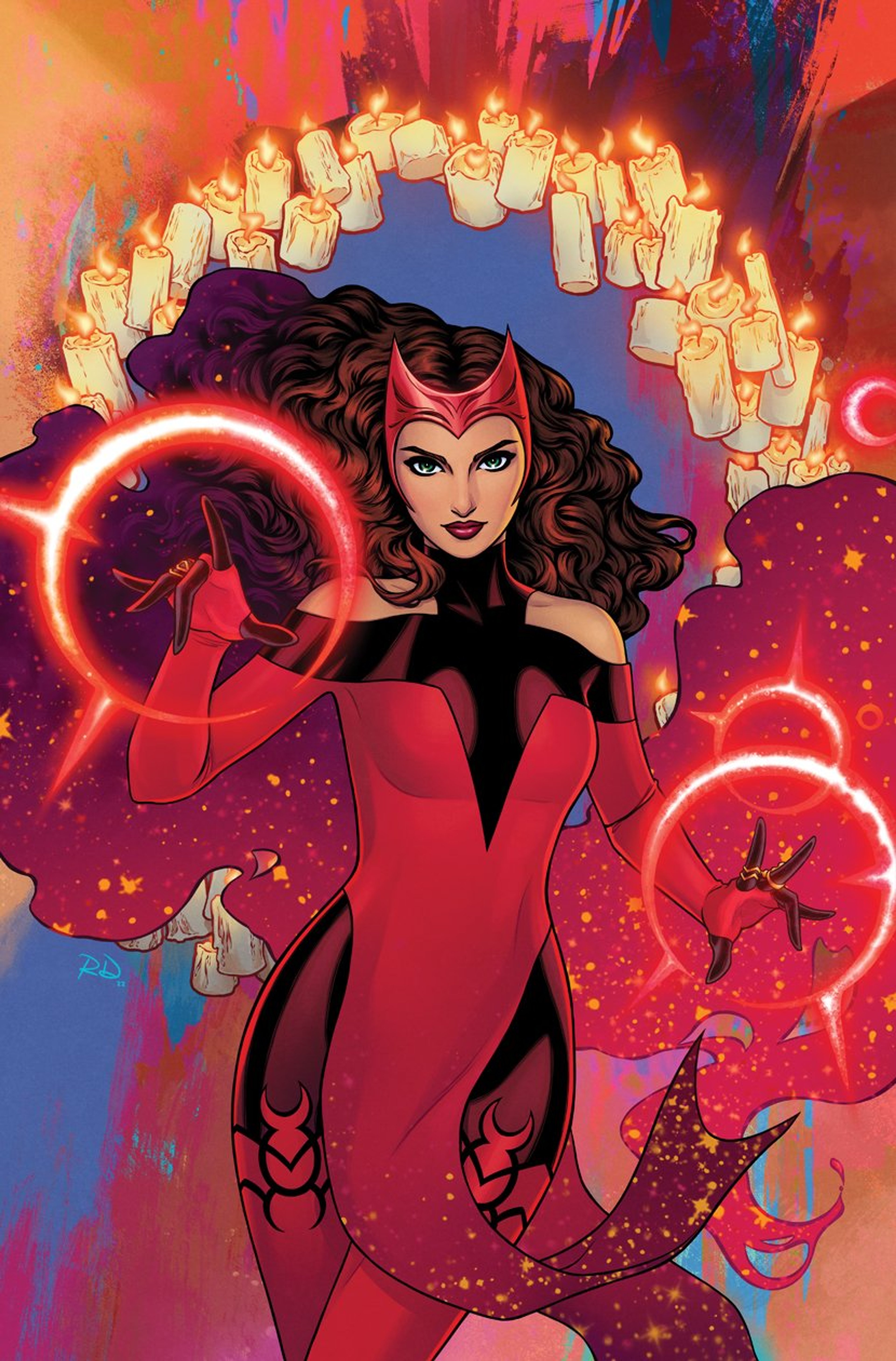 A powerful female superhero character surrounded by glowing red energy effects