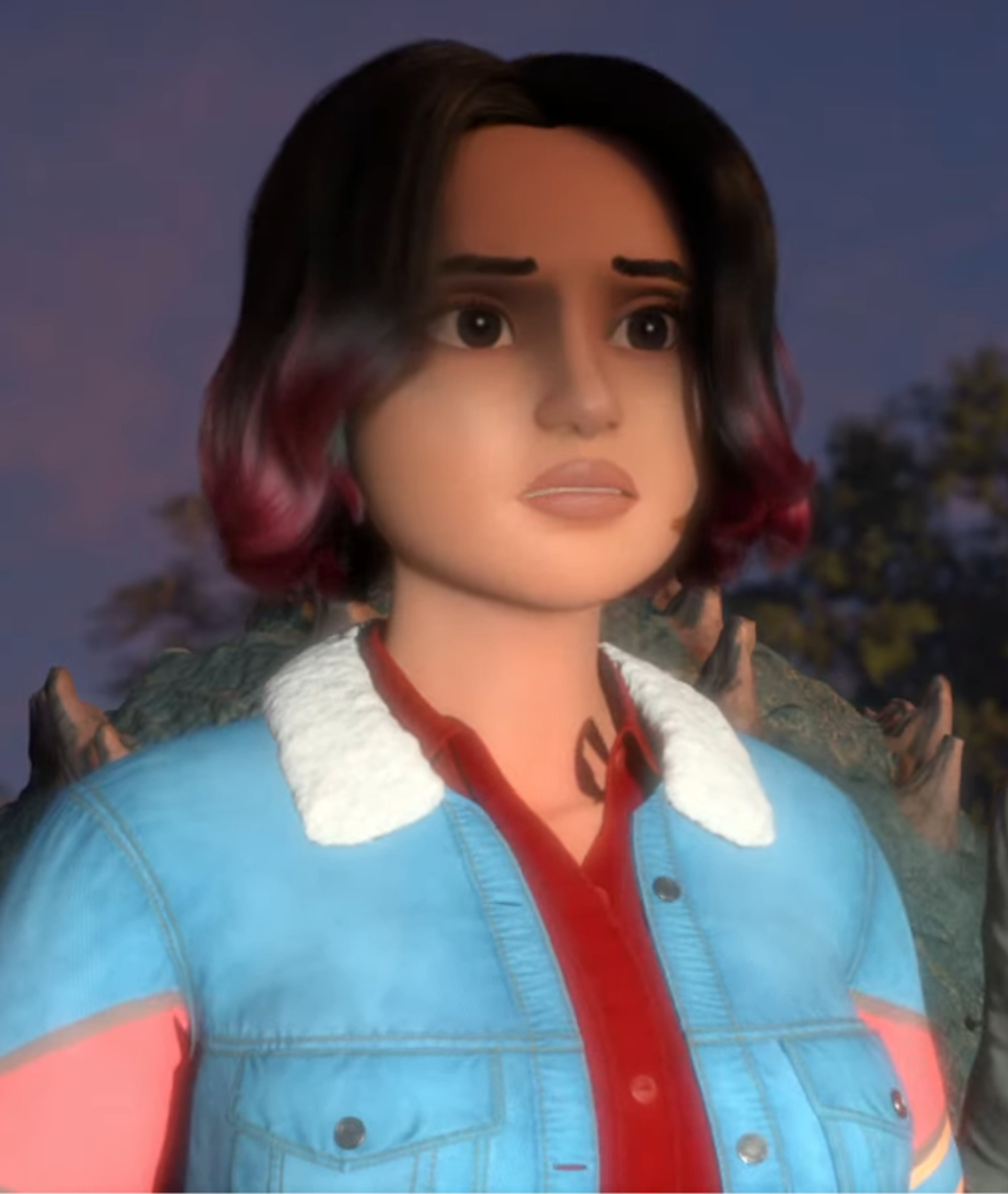 A young woman with dark hair and pink highlights wearing a light blue denim jacket and red scarf, with a serious expression on her face.