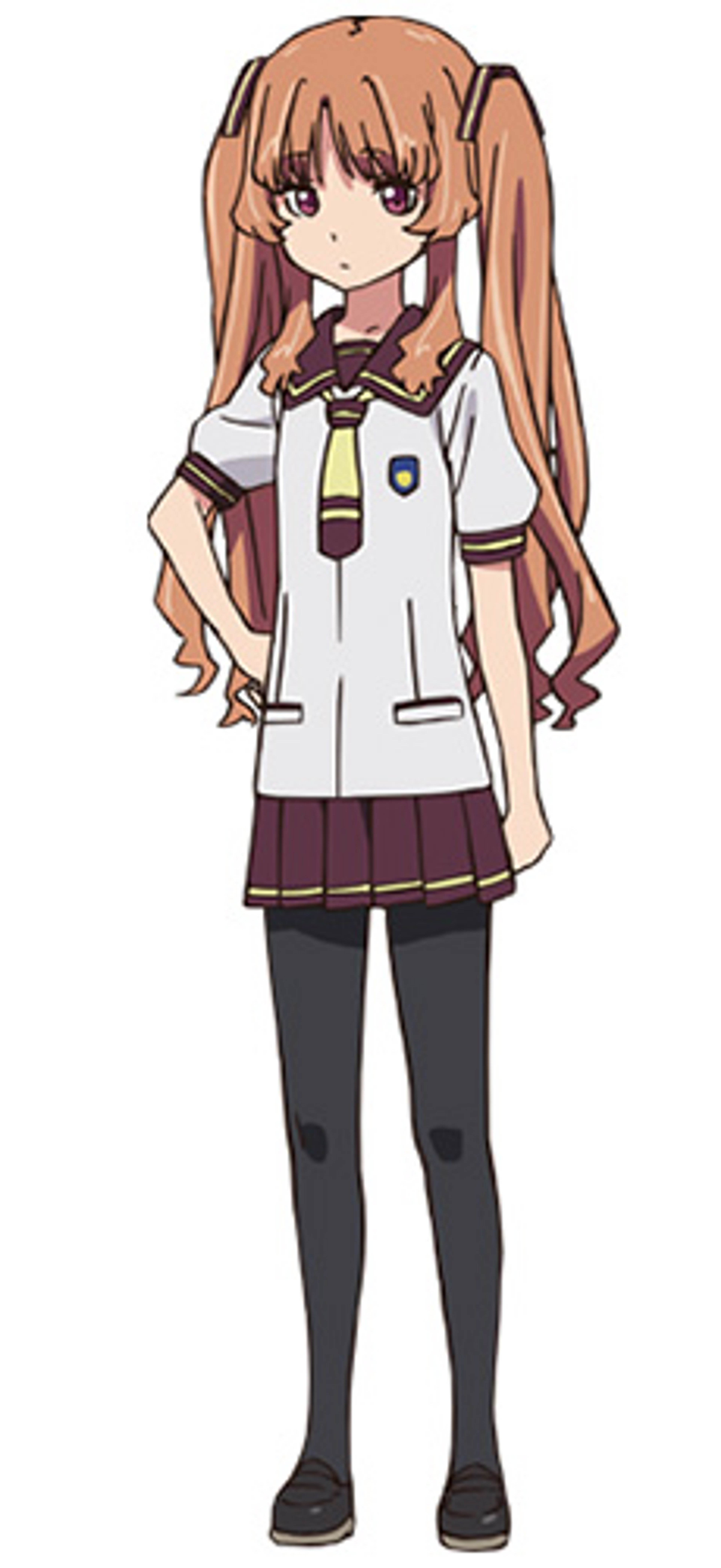 An anime-style character with long orange hair in twin tails, wearing a school uniform and making a mischievous expression.