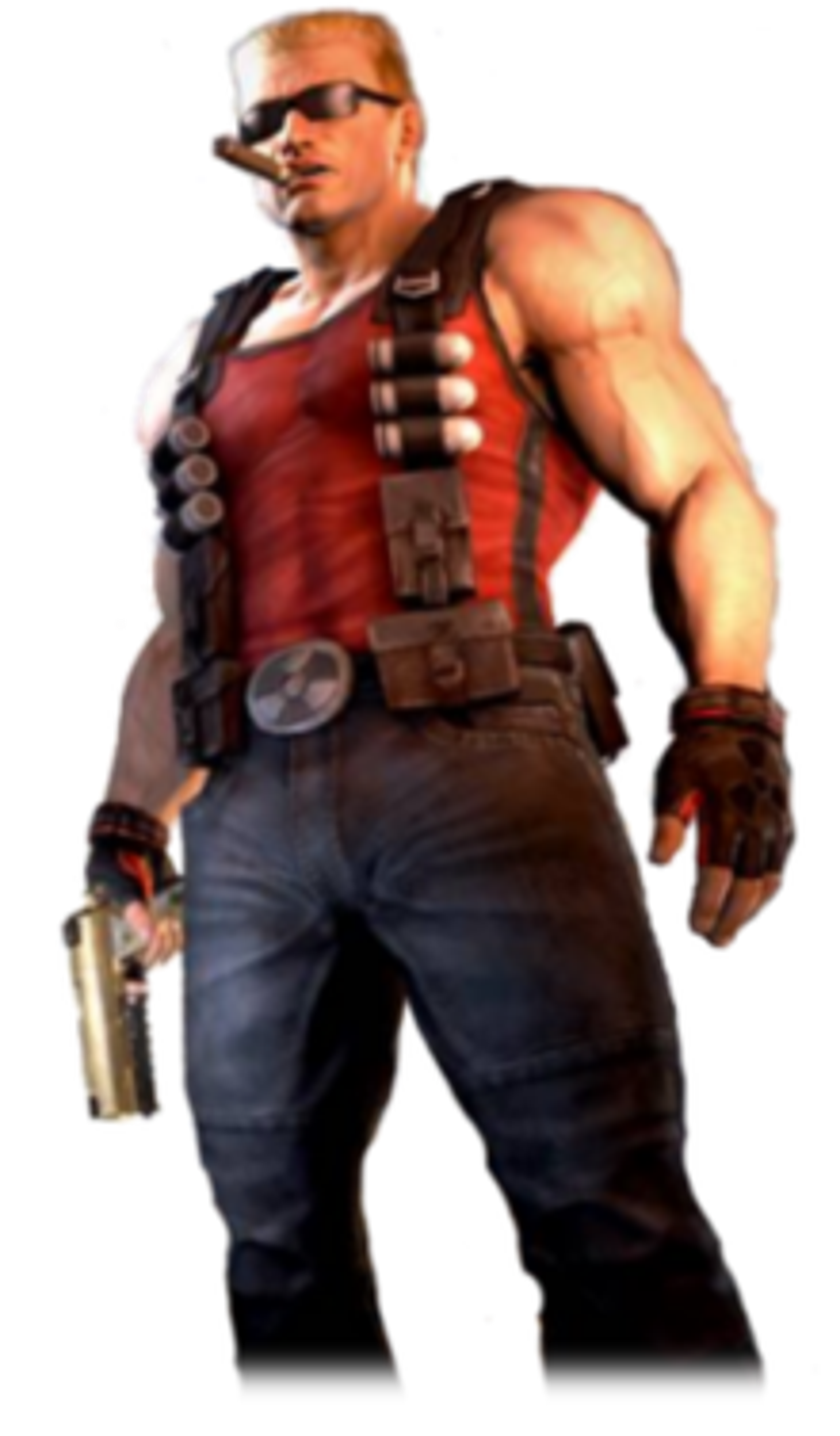 A muscular, heavily-armed man with a cocky expression, likely the character Duke Nukem