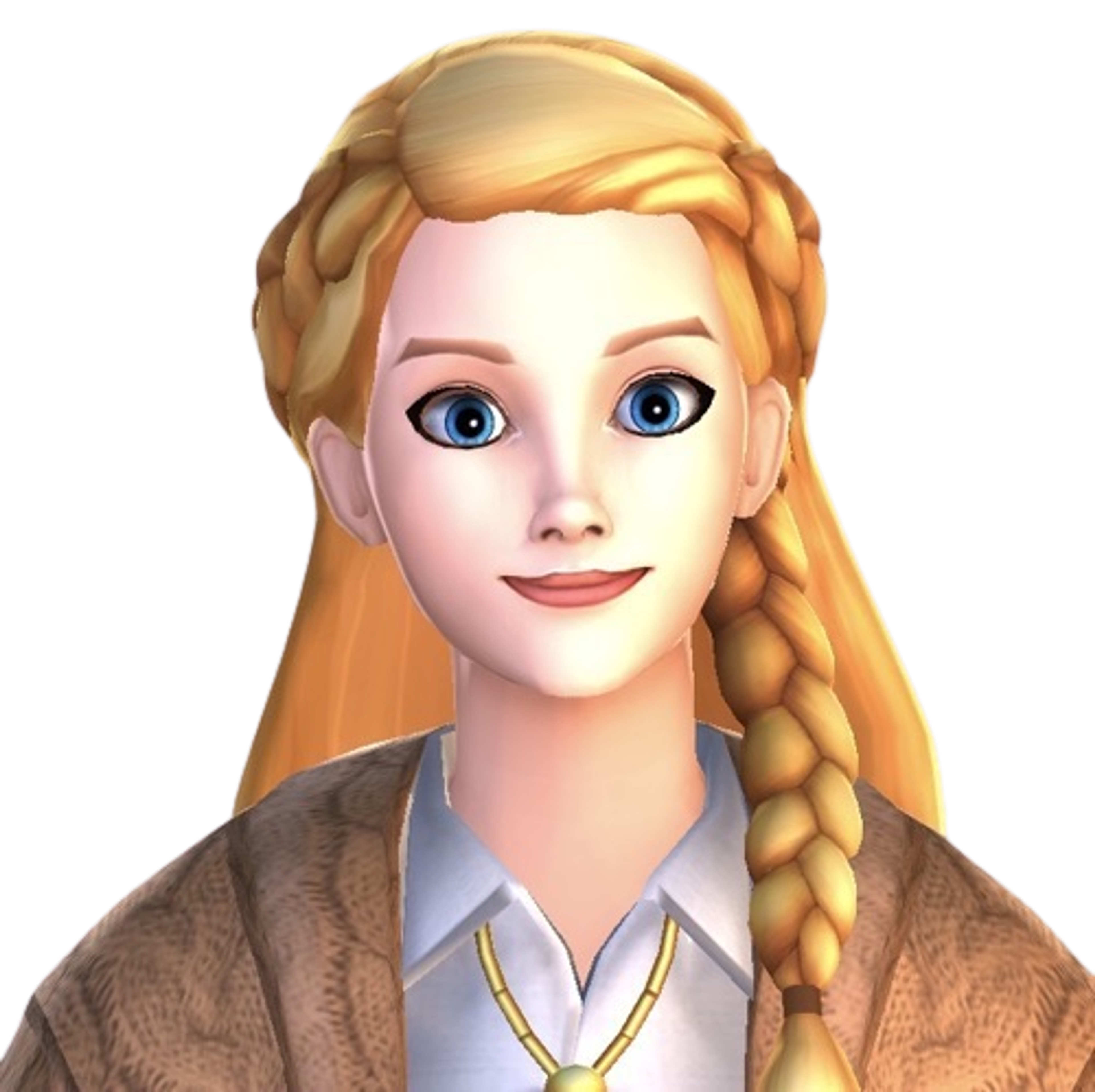 A young woman with long blonde hair and blue eyes wearing a brown robe