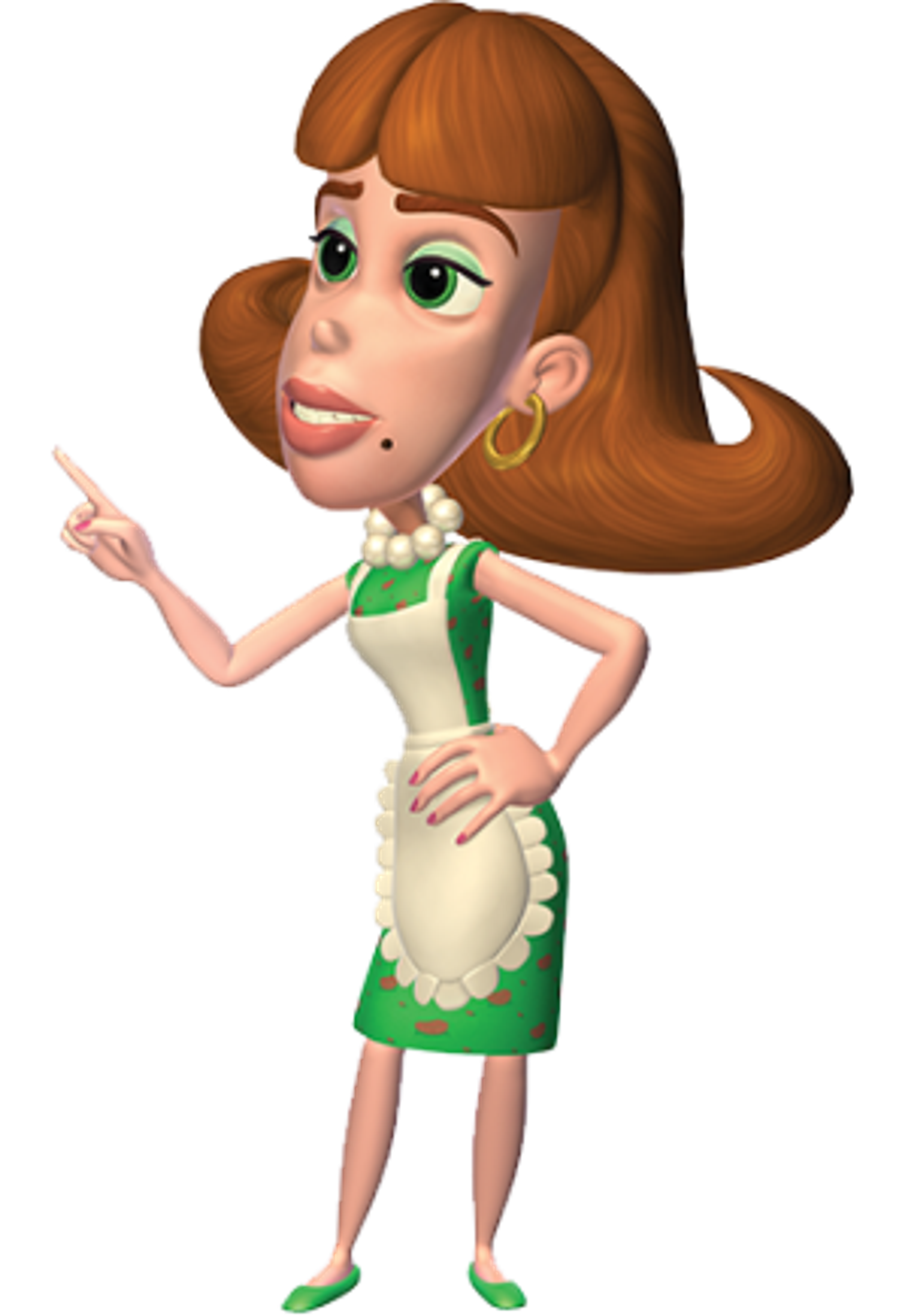 A cartoon character named Judy Neutron, a middle-aged woman with light brown hair in a retro style, wearing a green polka-dotted dress and pumps.