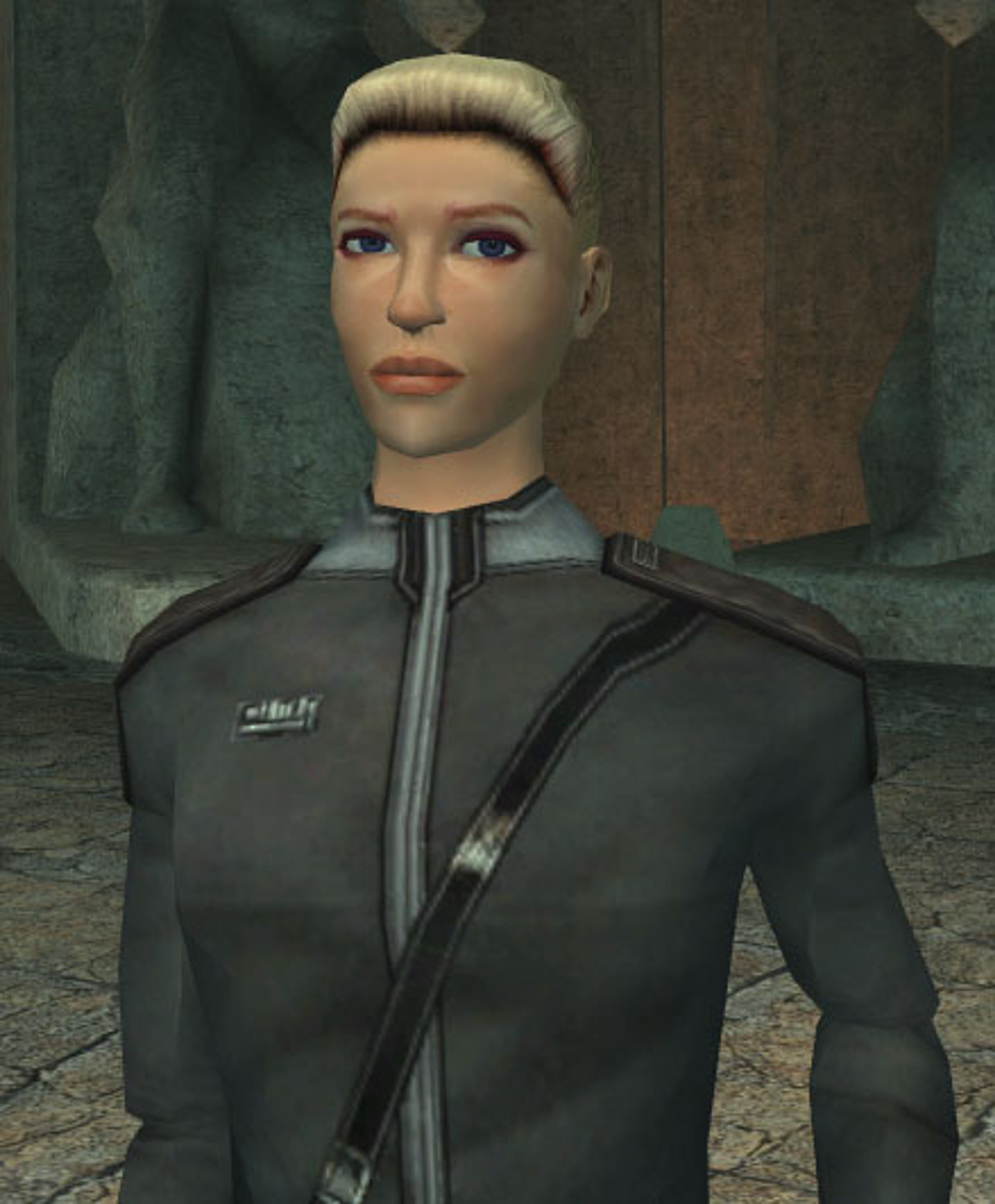 A young woman in Sith training robes with blonde hair and blue eyes