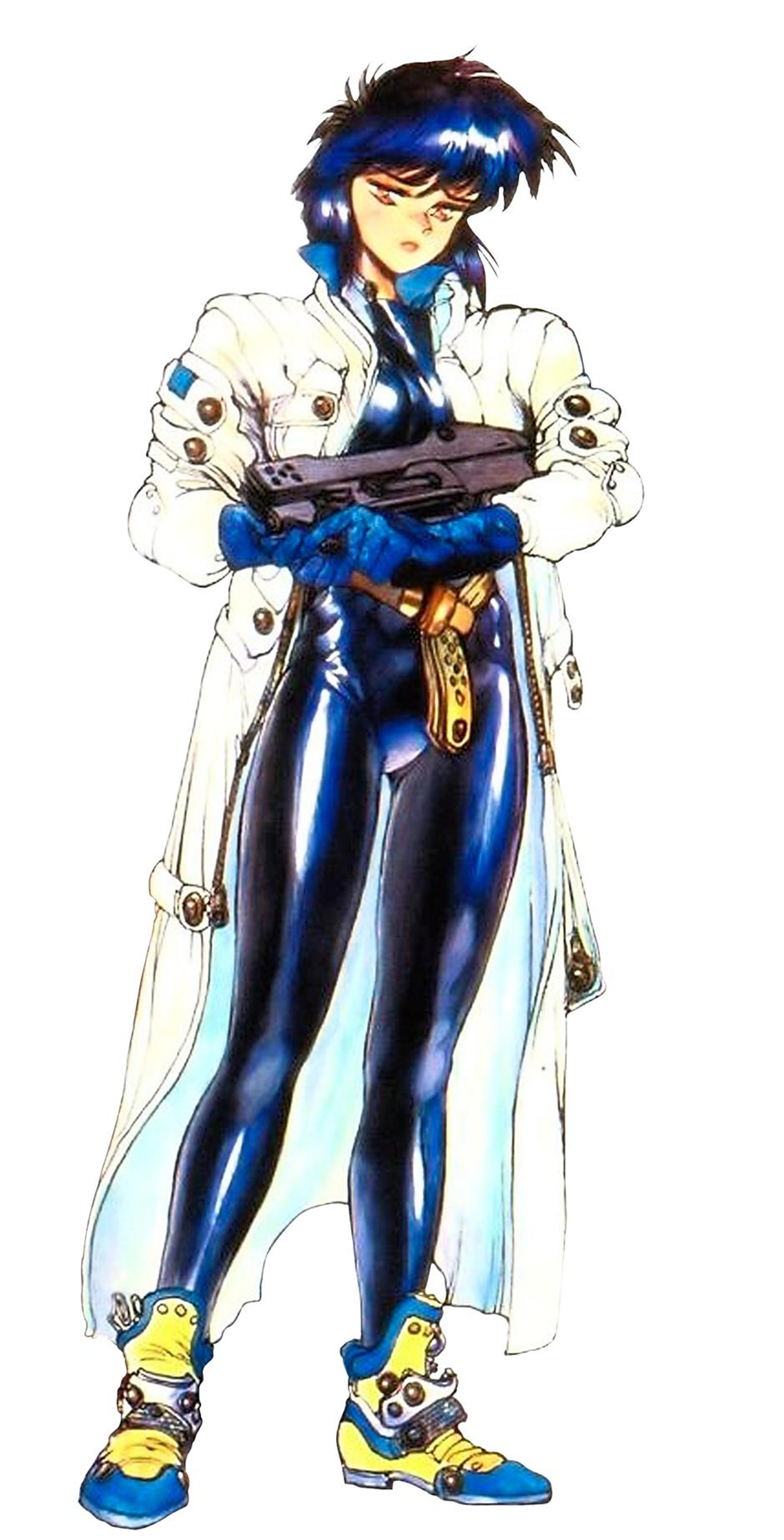 An anime-style character with blue hair and a cybernetic body, wearing a white coat with gold accents.