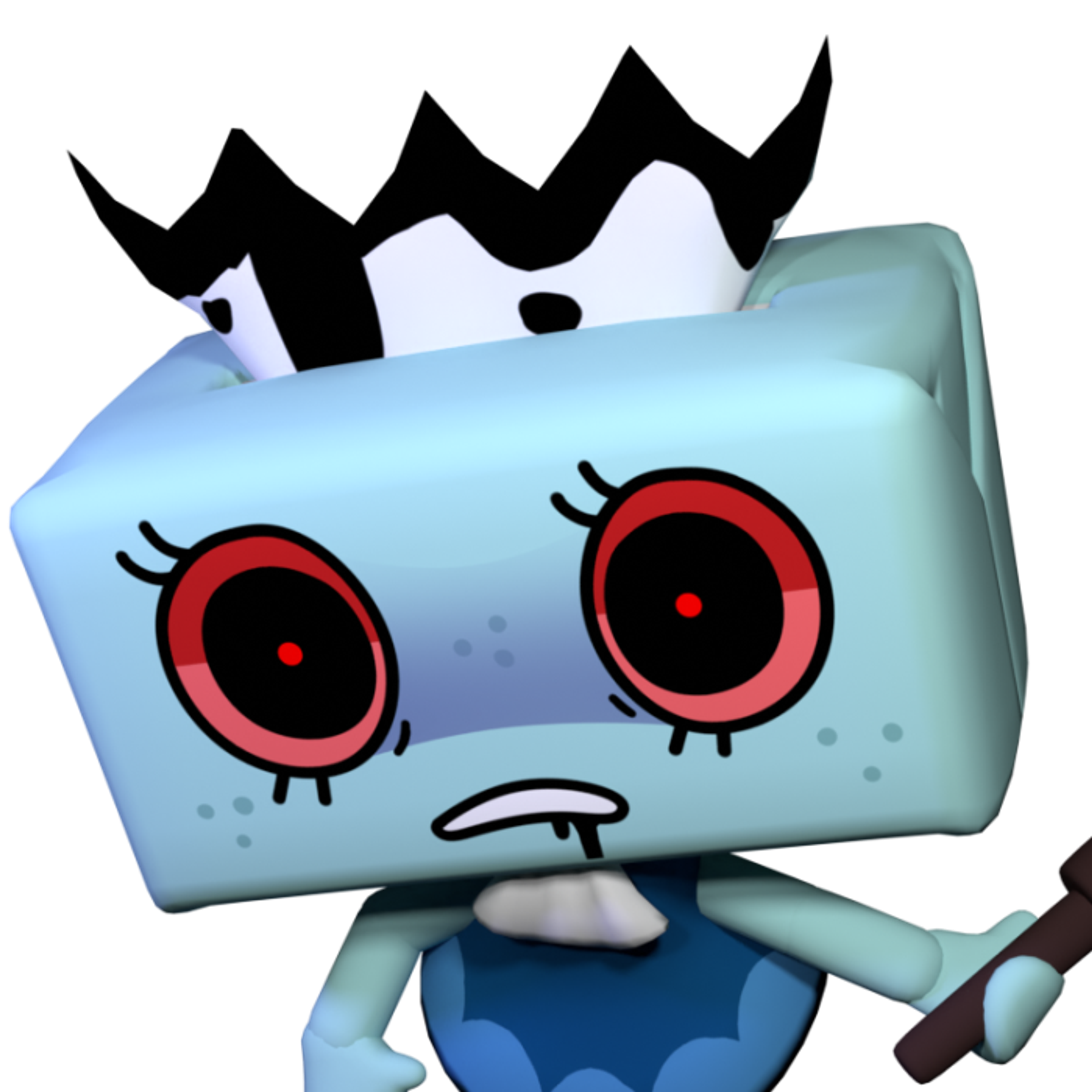A cyan tissue box character with a vacant expression, holding a feather duster.