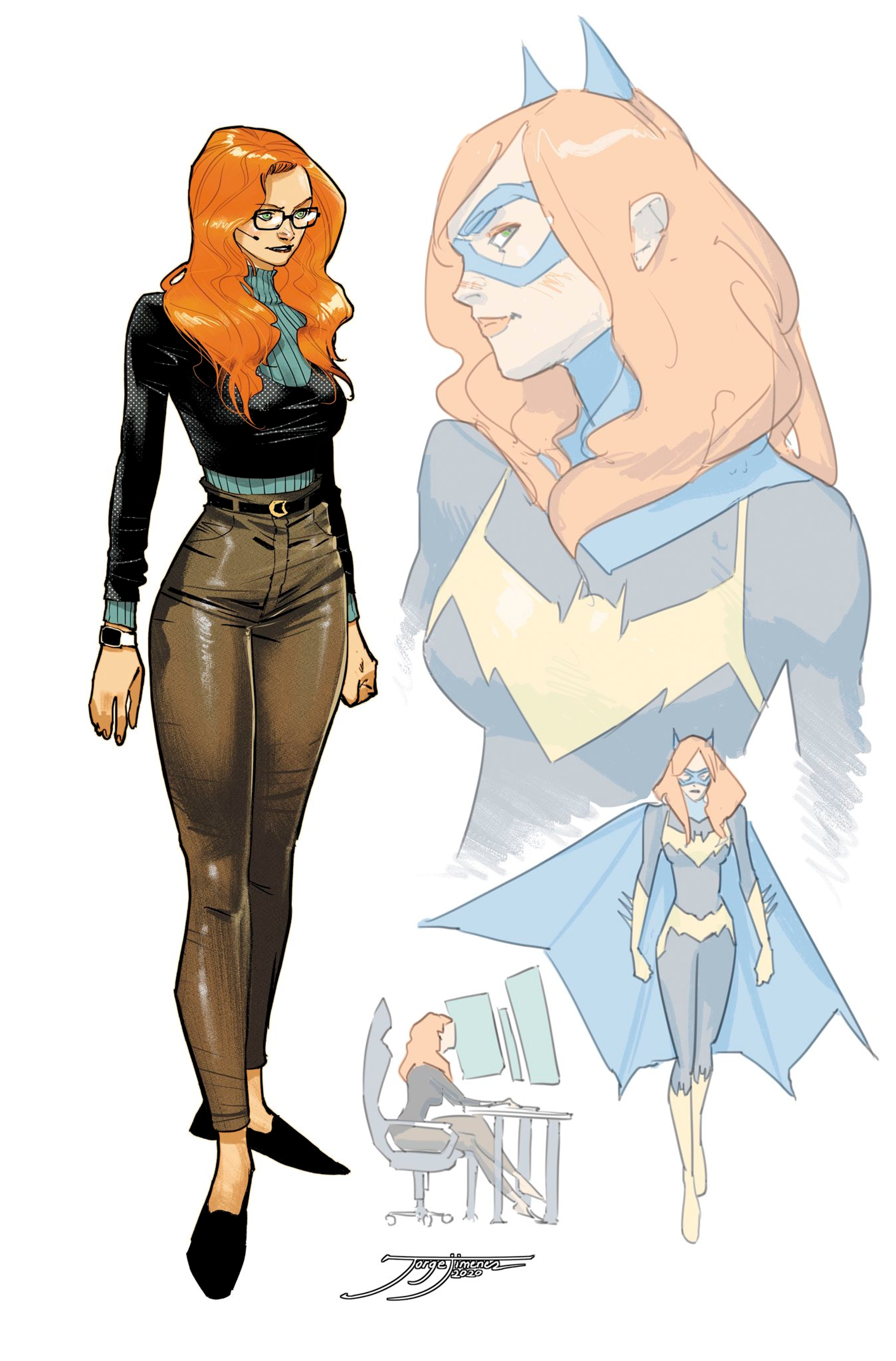 An illustration of the superhero character Batgirl, a female character with long orange hair wearing a black bodysuit with a bat symbol on the chest.