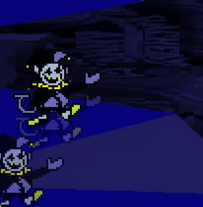 A detailed description of a short, pudgy imp-like character in a jester outfit with a purple tail and coil spring connecting their head to their body.
