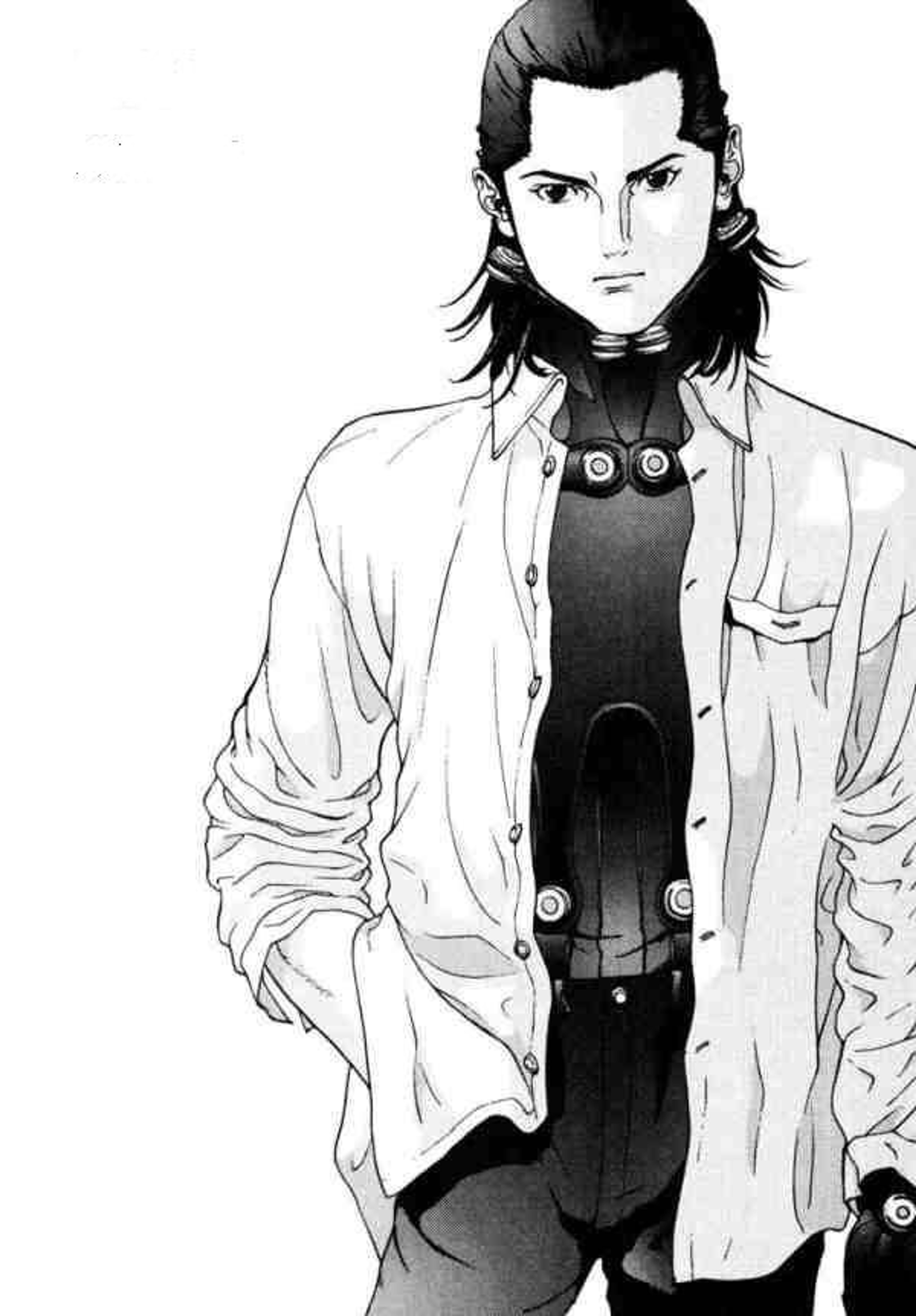 A young man with shoulder-length black hair wearing a white shirt