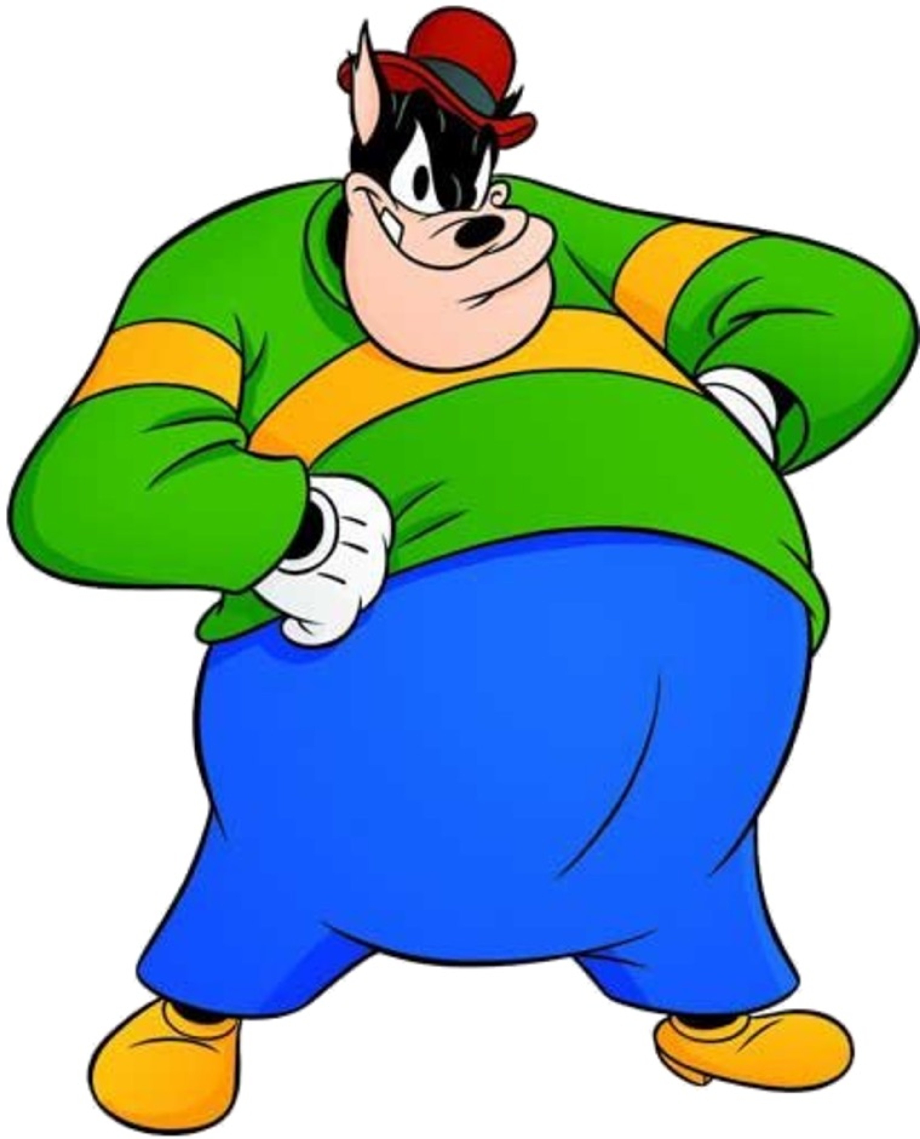 A cartoon character named Pete, who is a large, overweight bully with a round body, green shirt, blue pants, and a red hat.