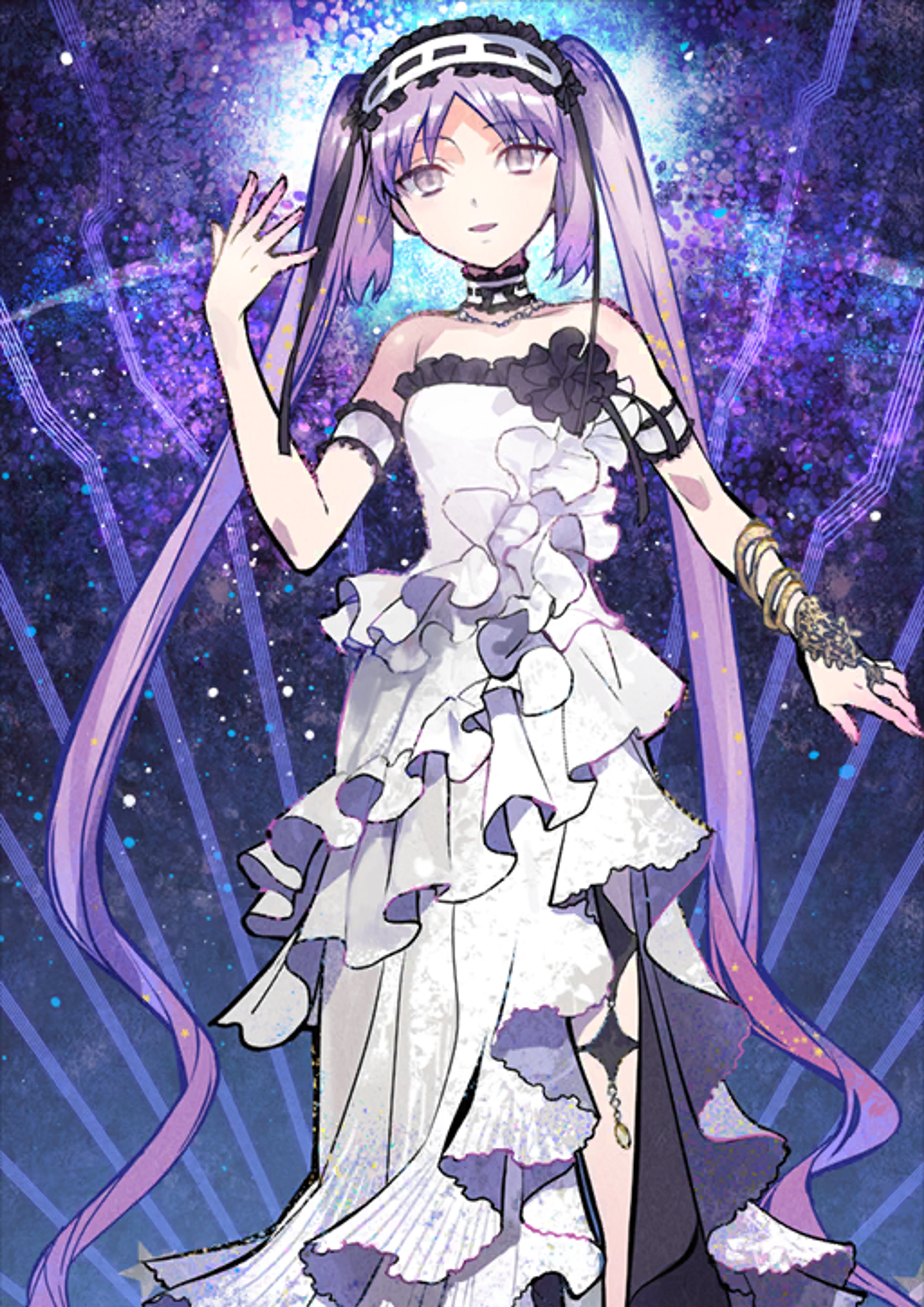 A divine, beautiful woman with long purple hair and an elegant, ruffled dress standing in a cosmic, starry background.