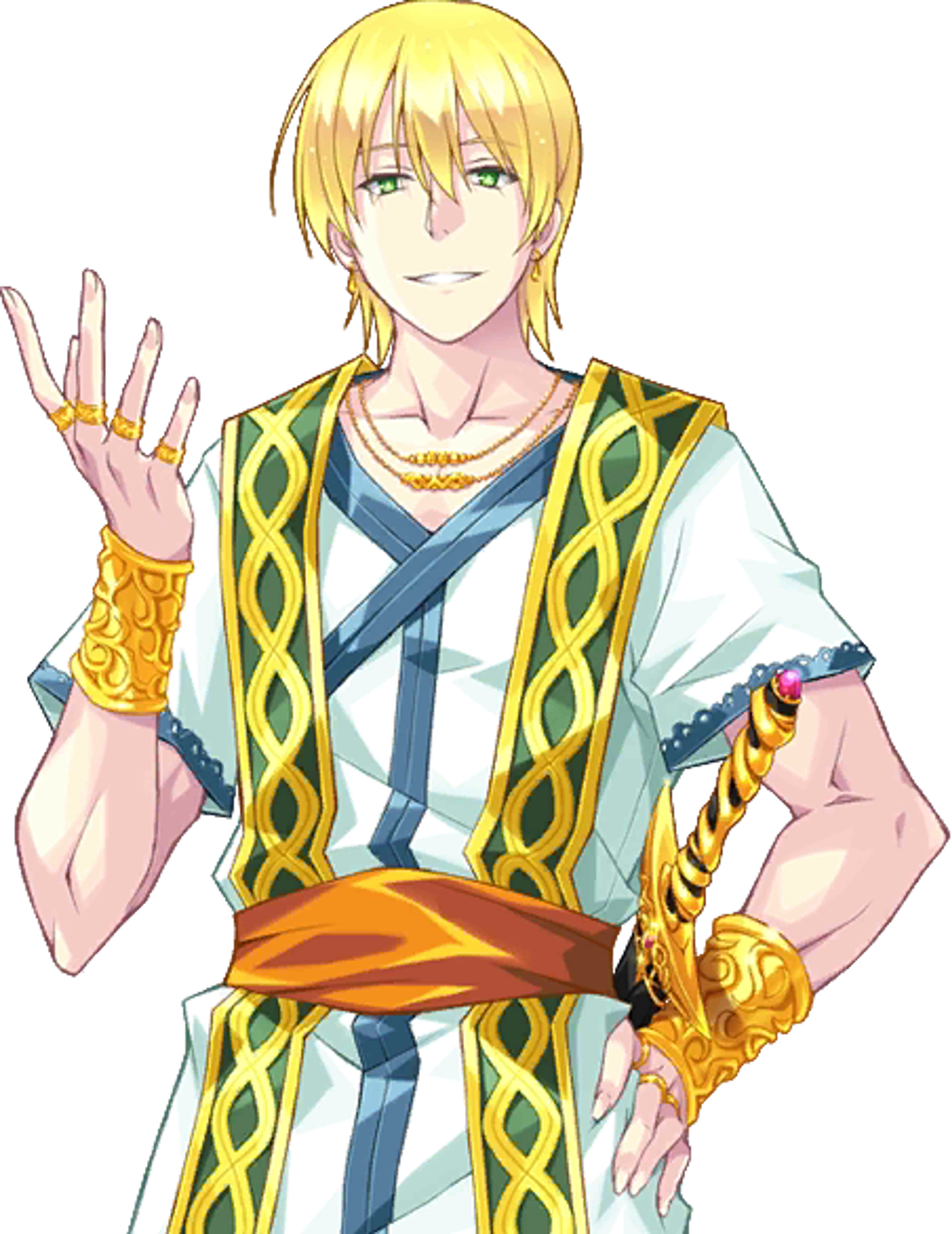 A blond, muscular young man in a colorful, ornate outfit making a hand gesture.