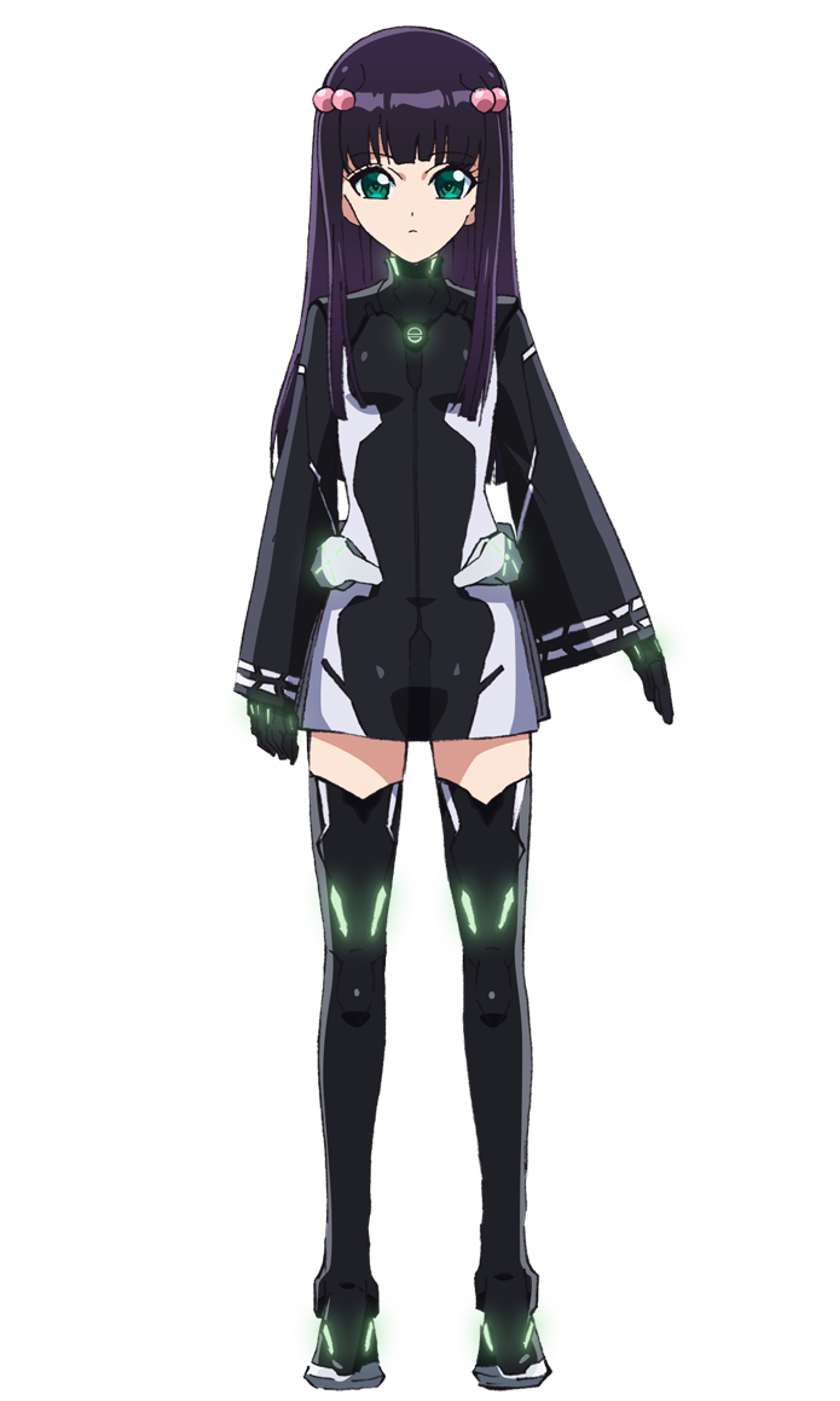 An anime-style character with long dark hair, large eyes, and a black and green outfit.