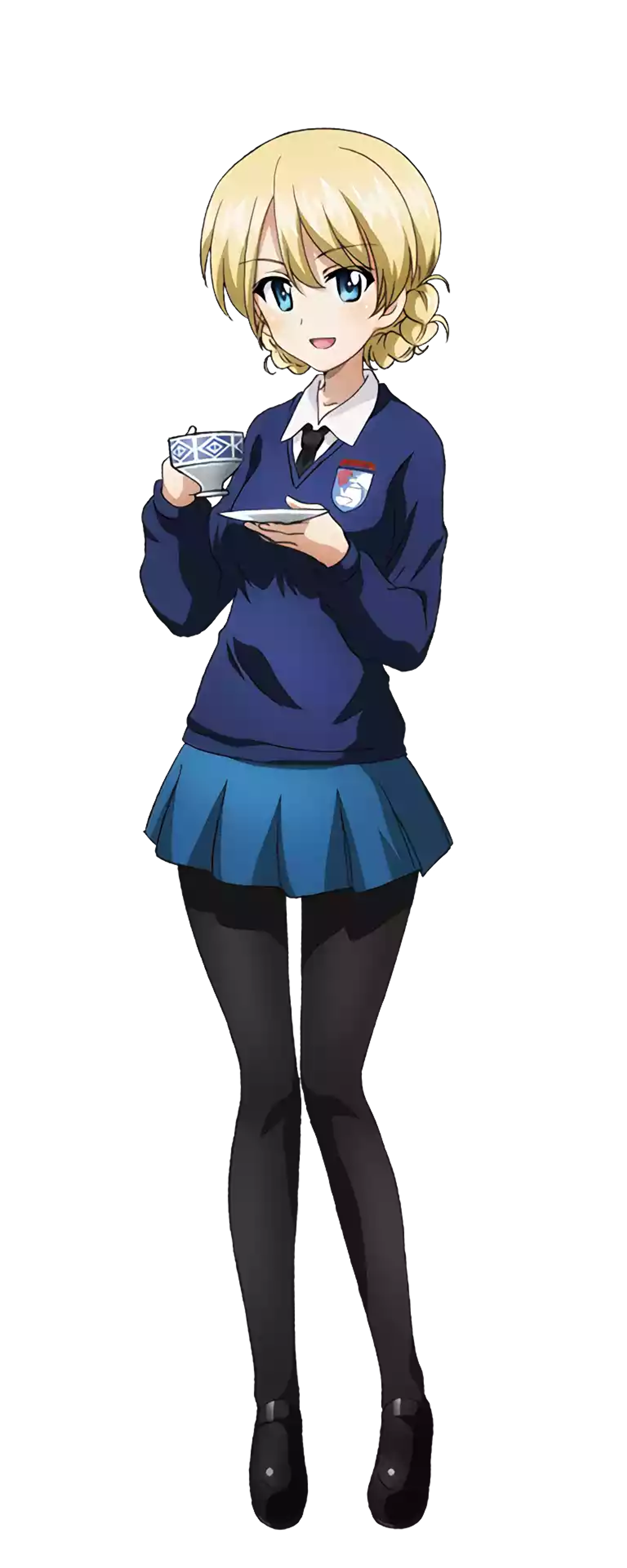An anime-style character with blonde hair in twin tails, wearing a blue school uniform and holding a teacup.