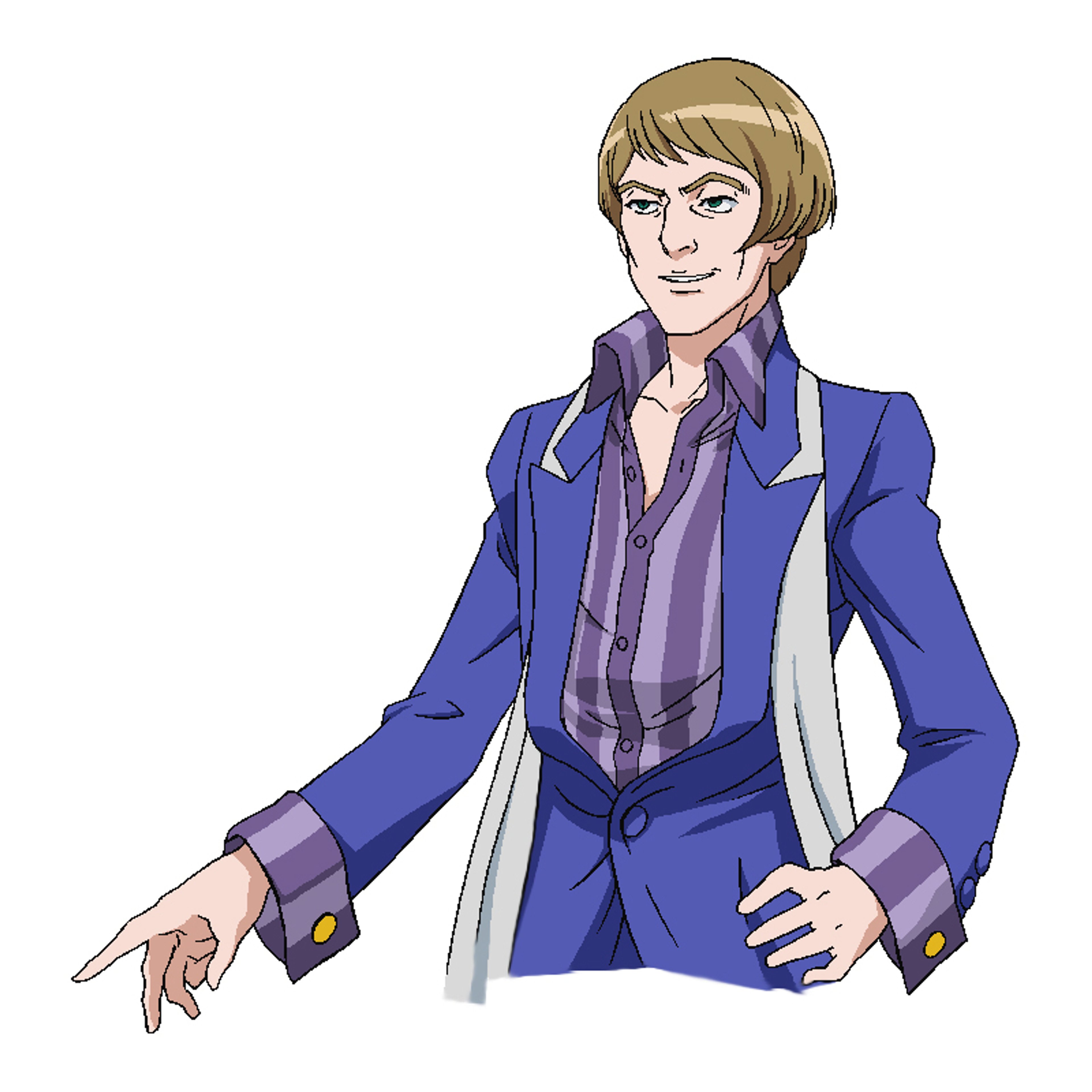 A man in a blue suit jacket with a confident, arrogant expression