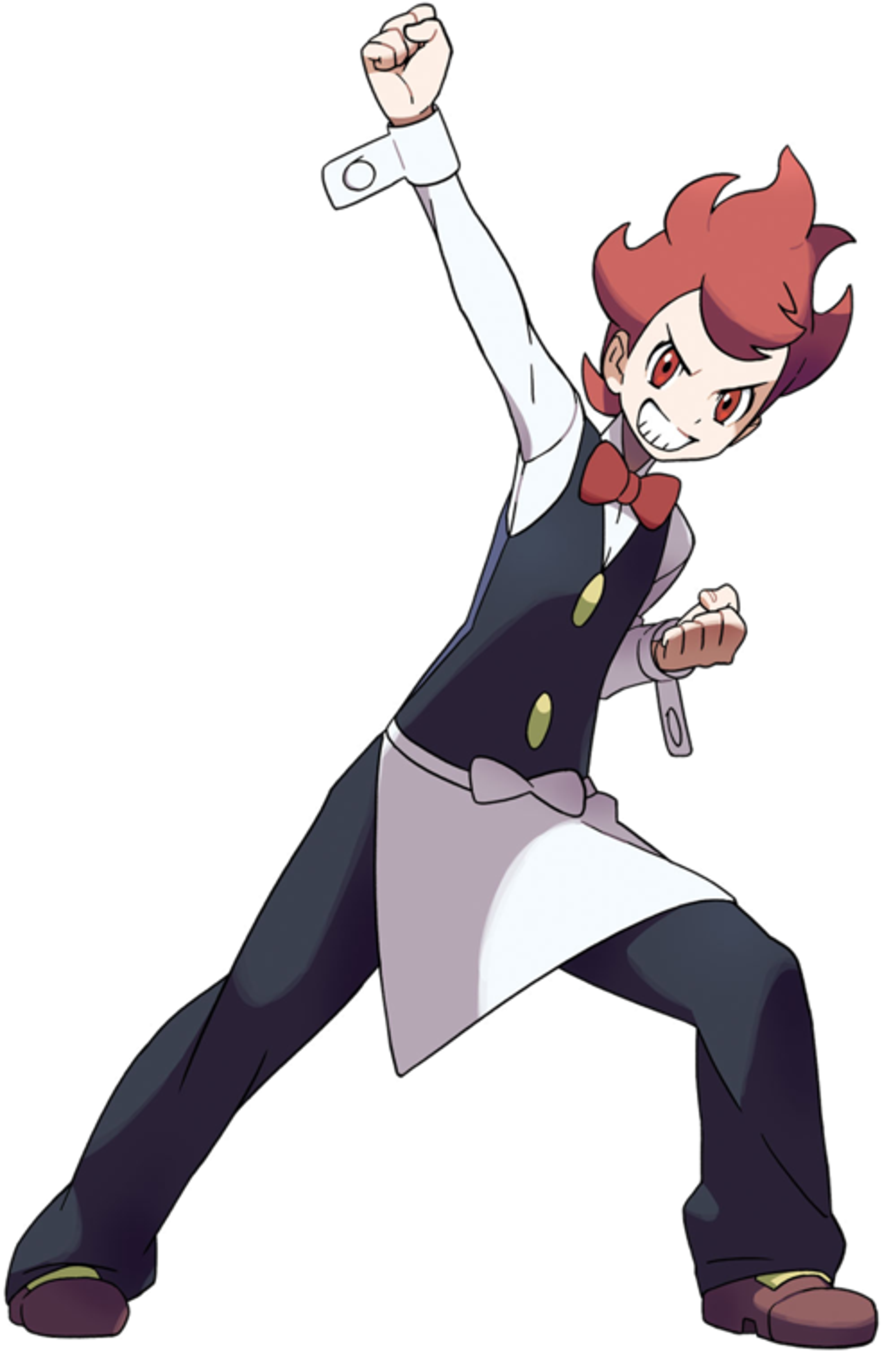 A young man with fiery red hair wearing a waiter's uniform and striking a dramatic pose.