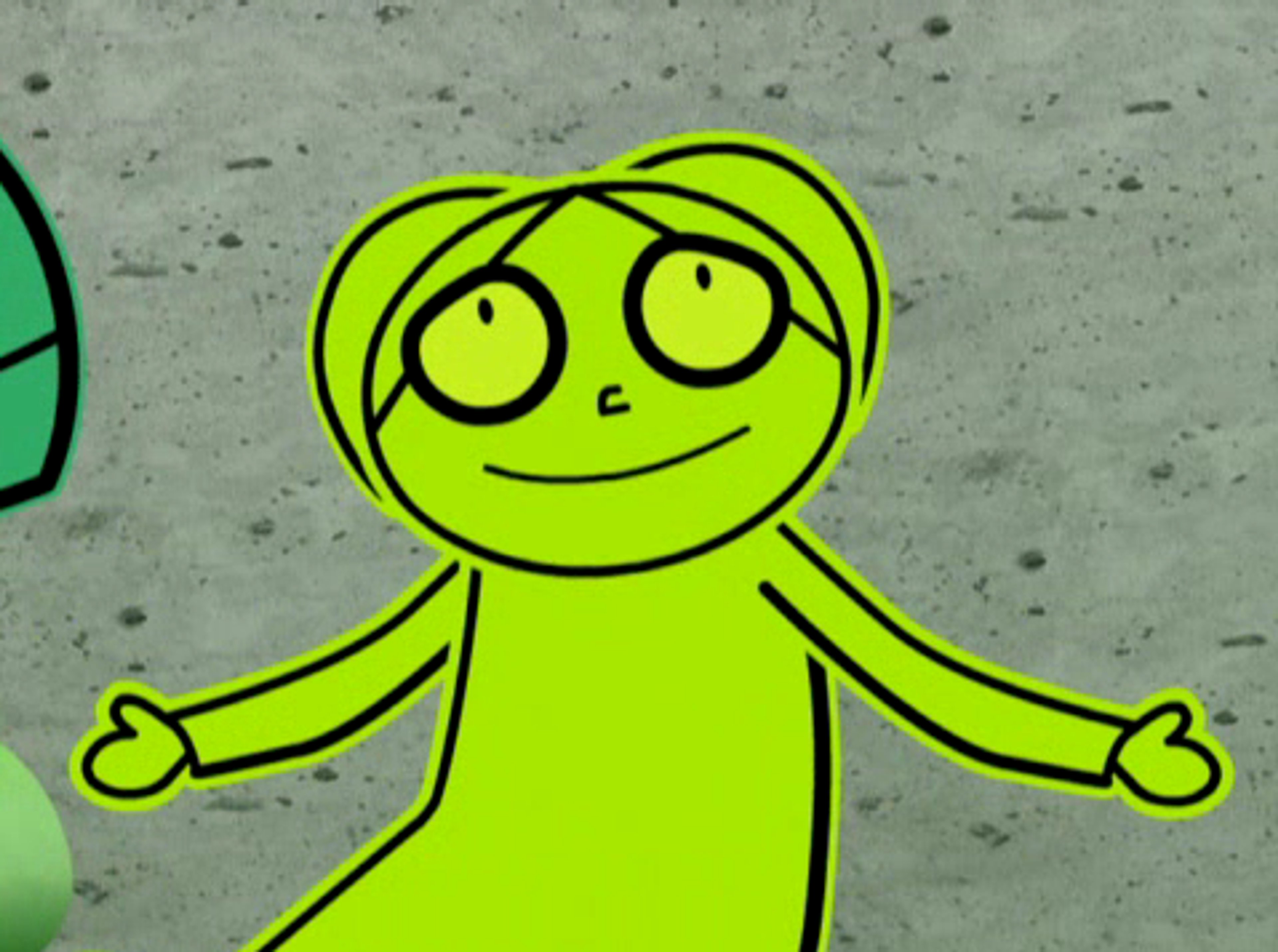 A small, chartreuse-colored humanoid character with ball curls and a chartreuse dress