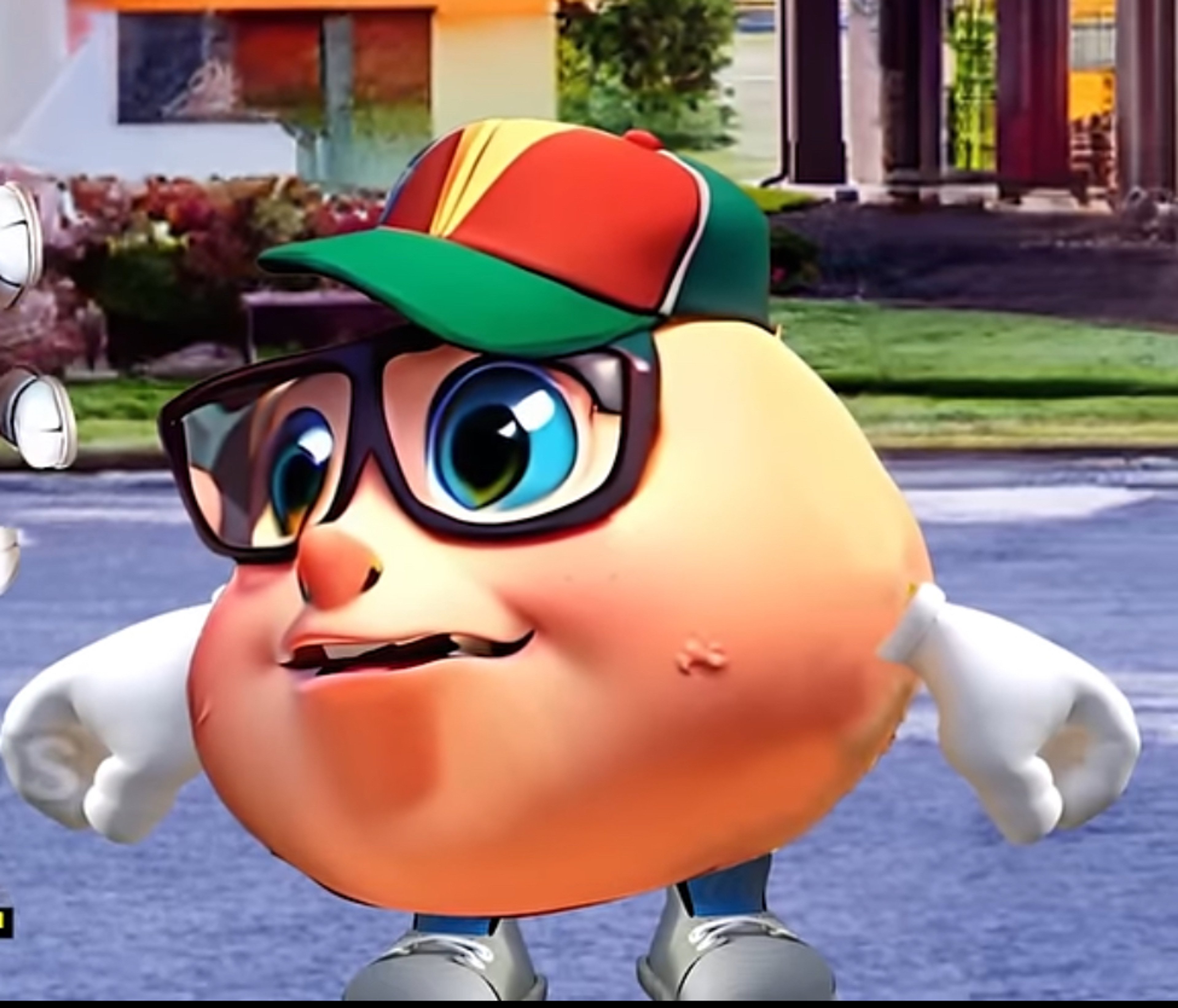 A cartoon-like character with a large head, blue eyes, and glasses, lacking a torso.