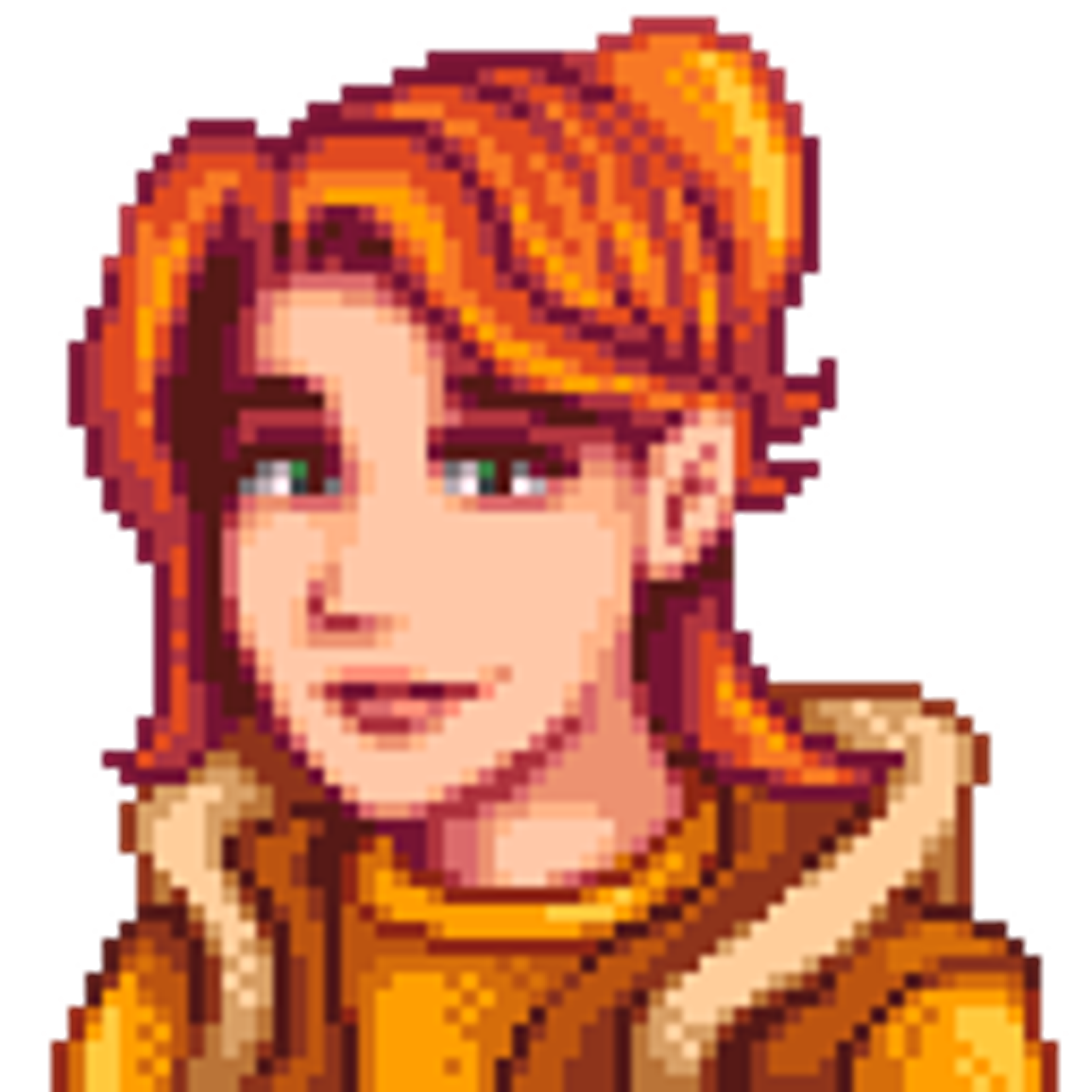 A pixel art portrait of a middle-aged woman with red hair wearing a yellow jacket