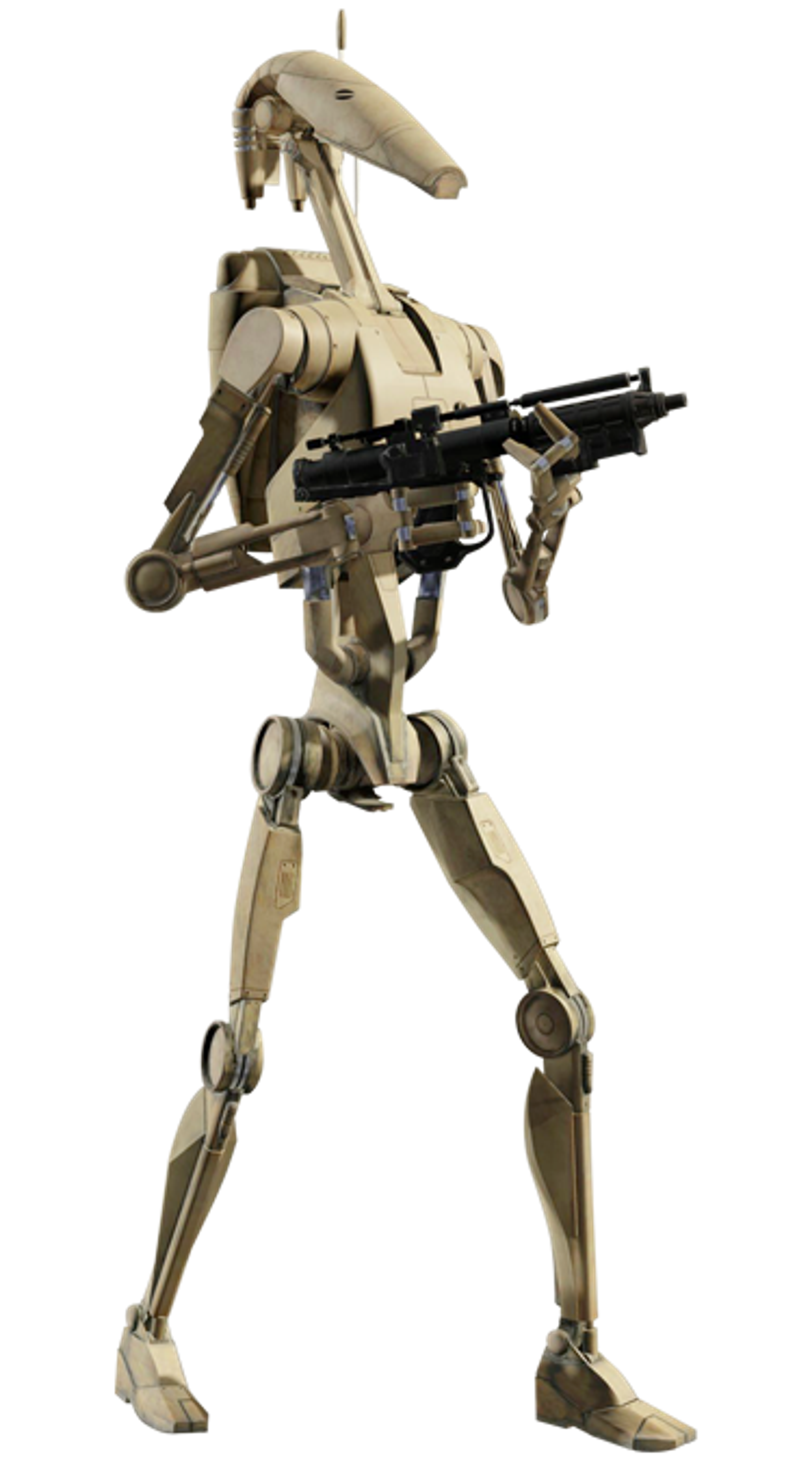 A B1 battle droid from Star Wars, a humanoid robot soldier holding a blaster rifle.
