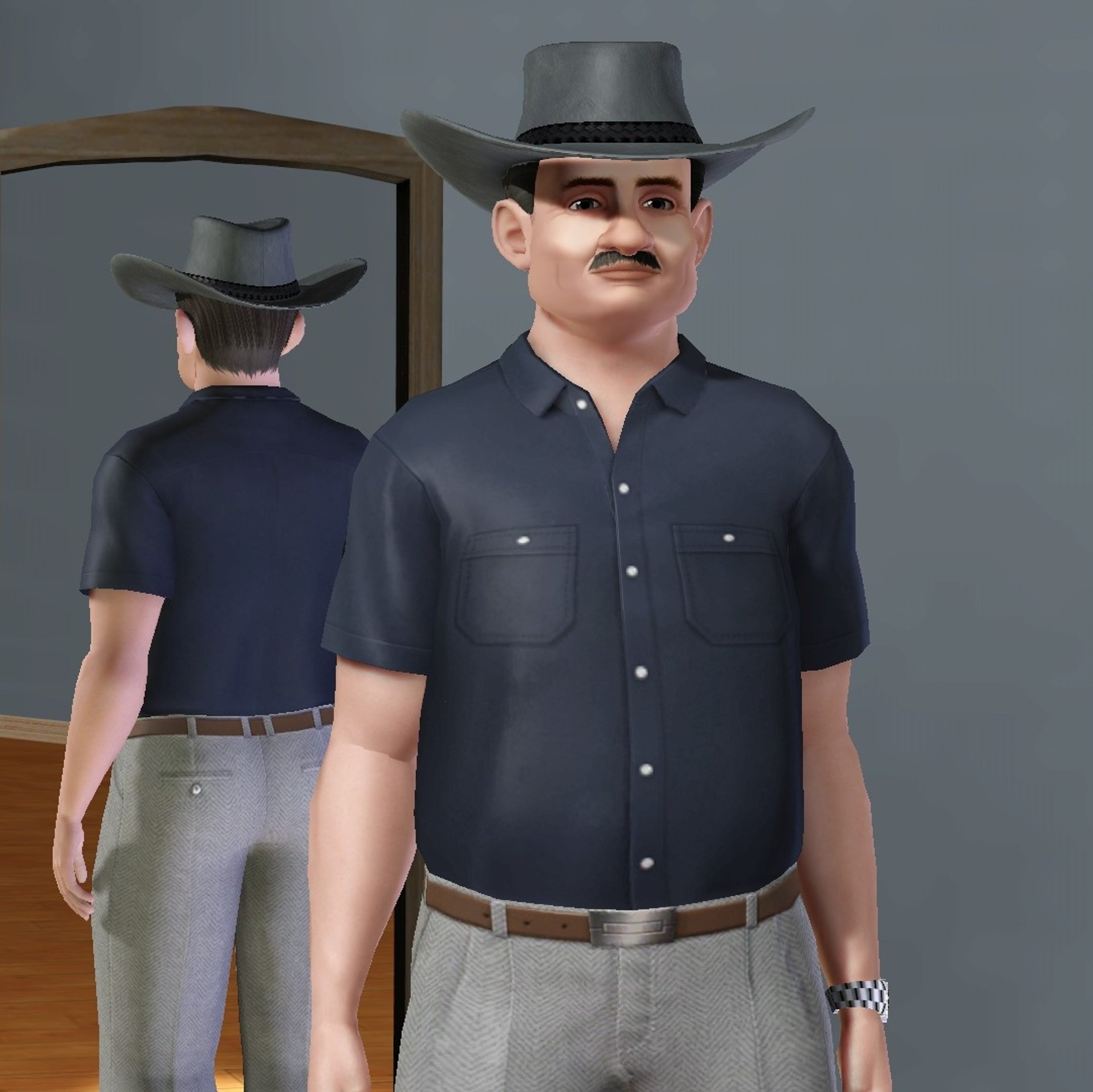 A man in a cowboy hat and button-up shirt standing in a room