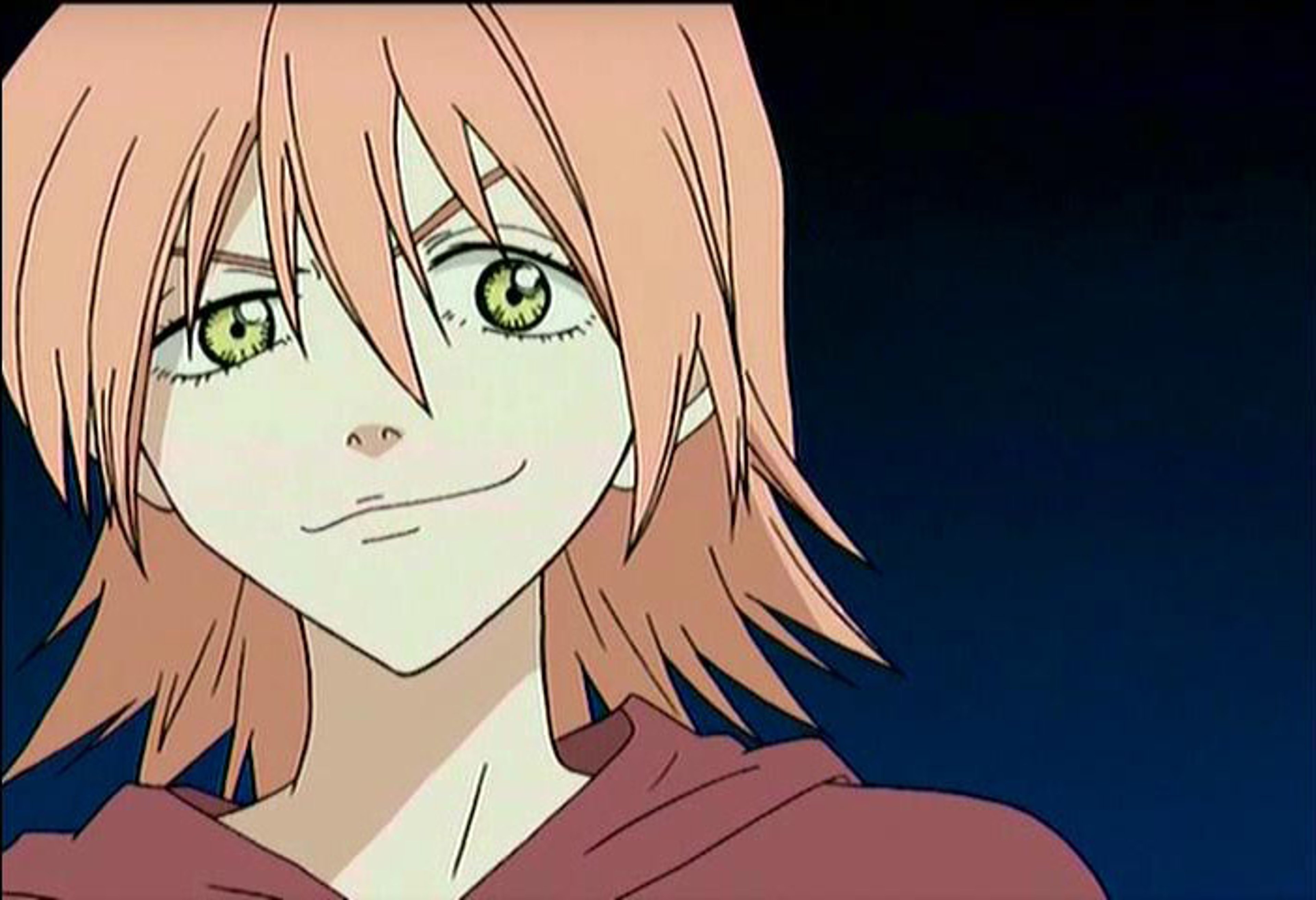 An anime-style character with pink hair and yellow eyes wearing a red jacket