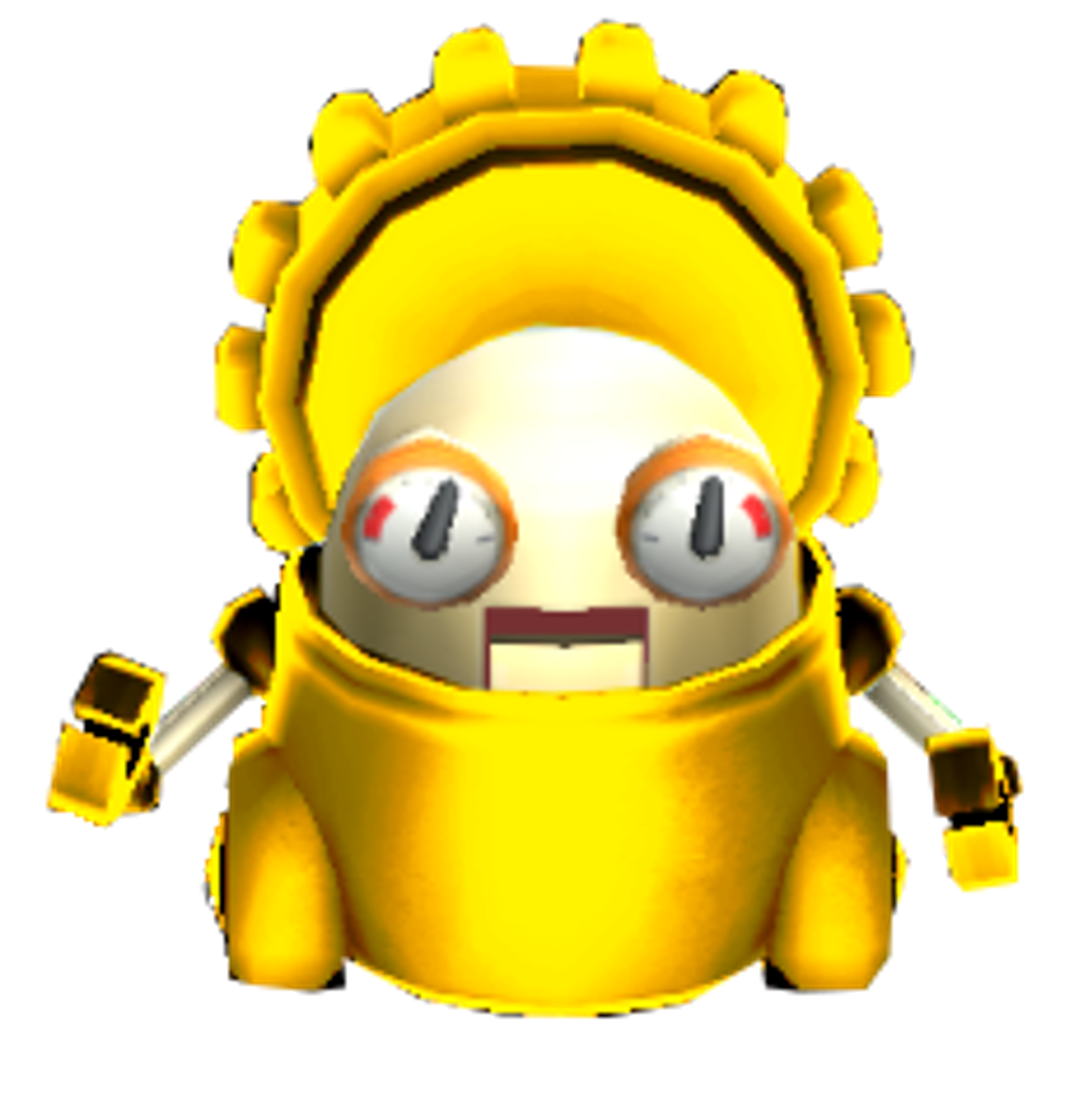 A yellow, gear-shaped robot character with a round head and expressive eyes
