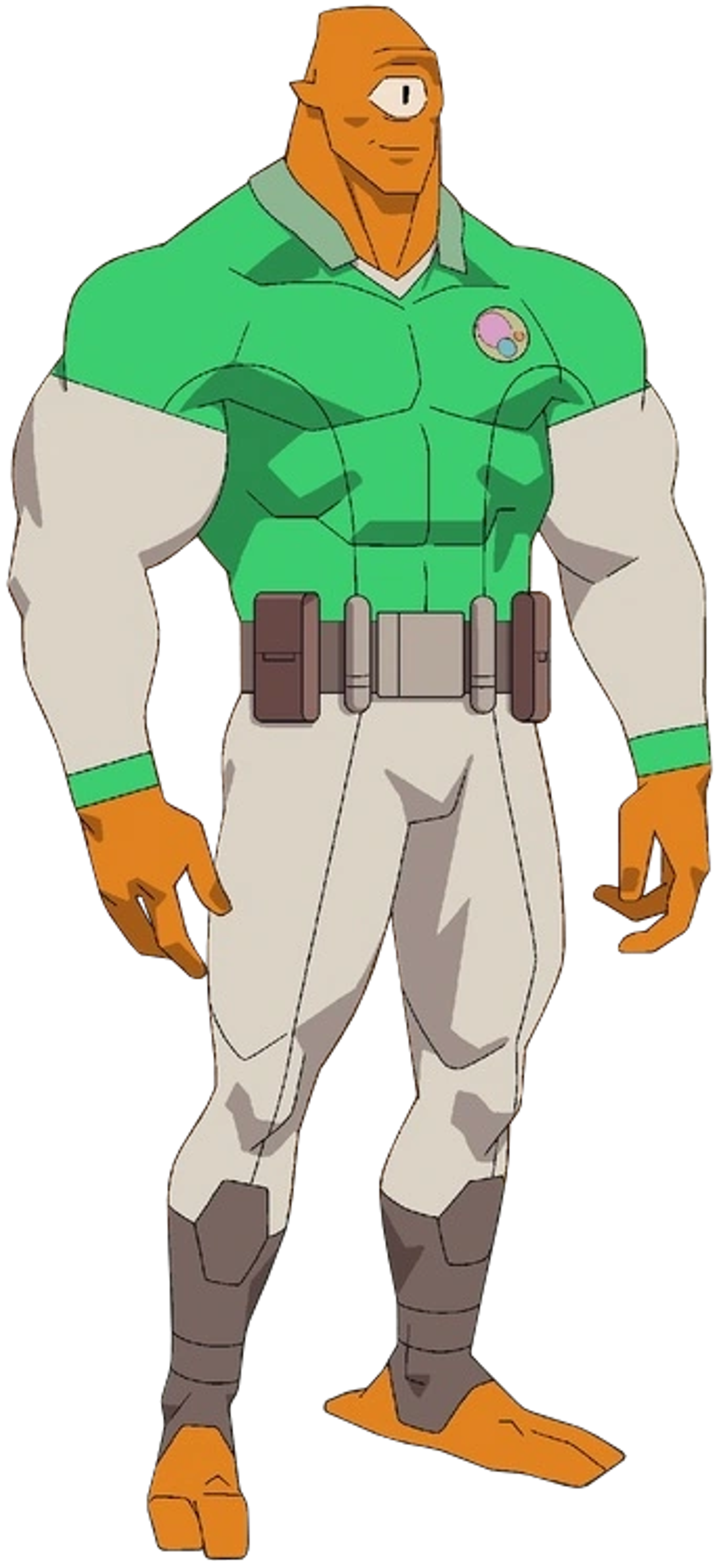 An alien character with orange skin, a large eye, and three-fingered hands and feet, wearing a green and gray costume.