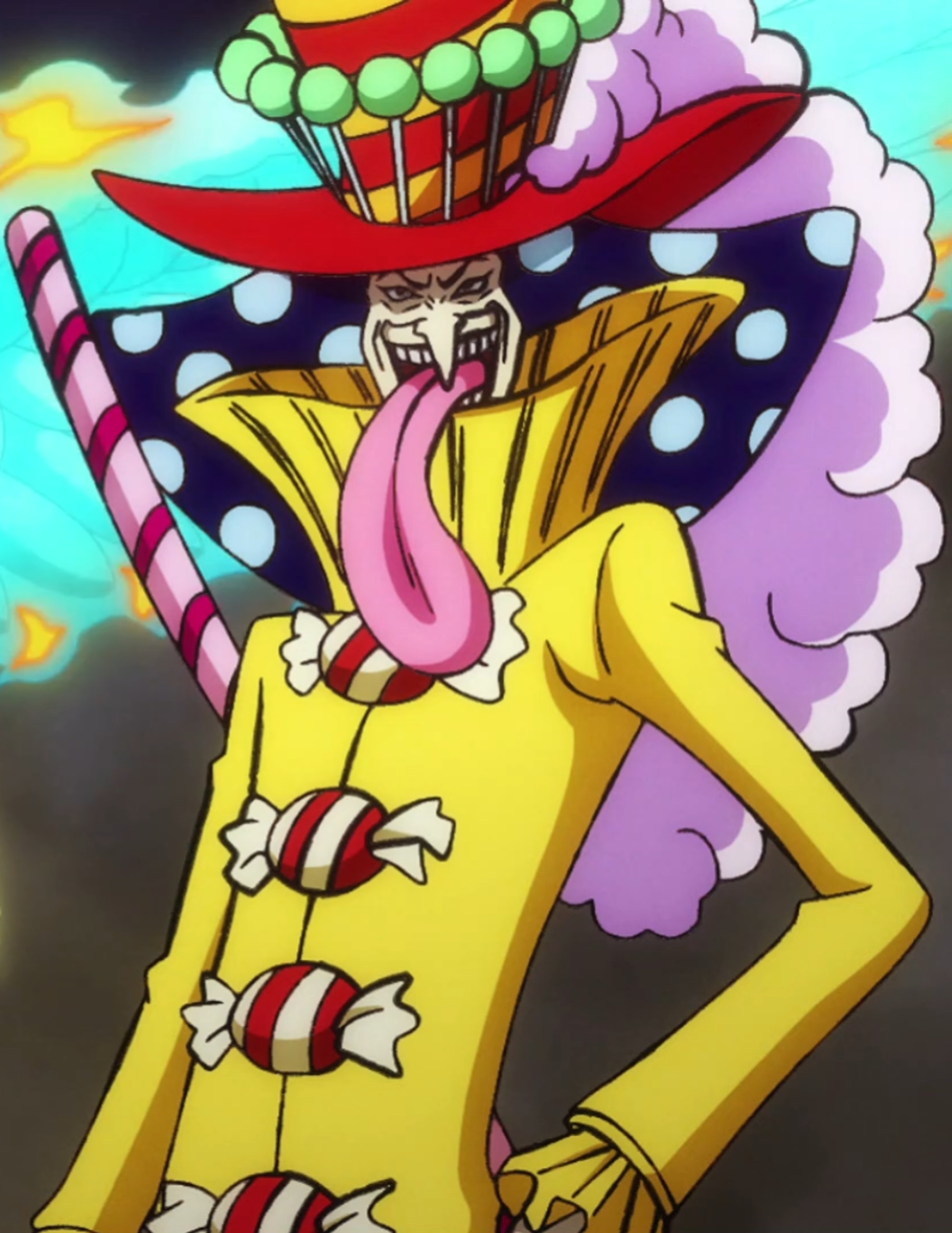 A detailed illustration of a tall, slender character with a candy-themed outfit and accessories.