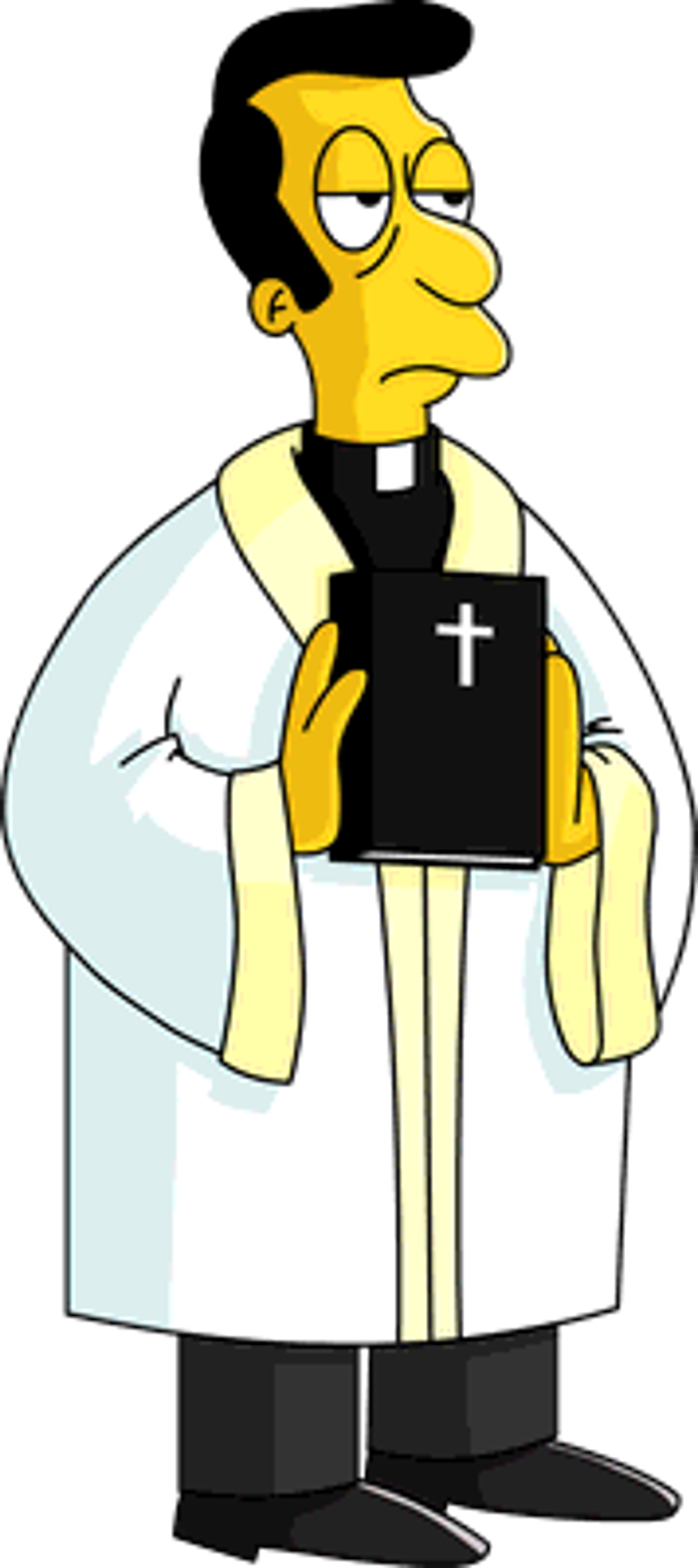 A cartoon character wearing a white robe with a black cross, appearing to be a middle-aged religious figure.