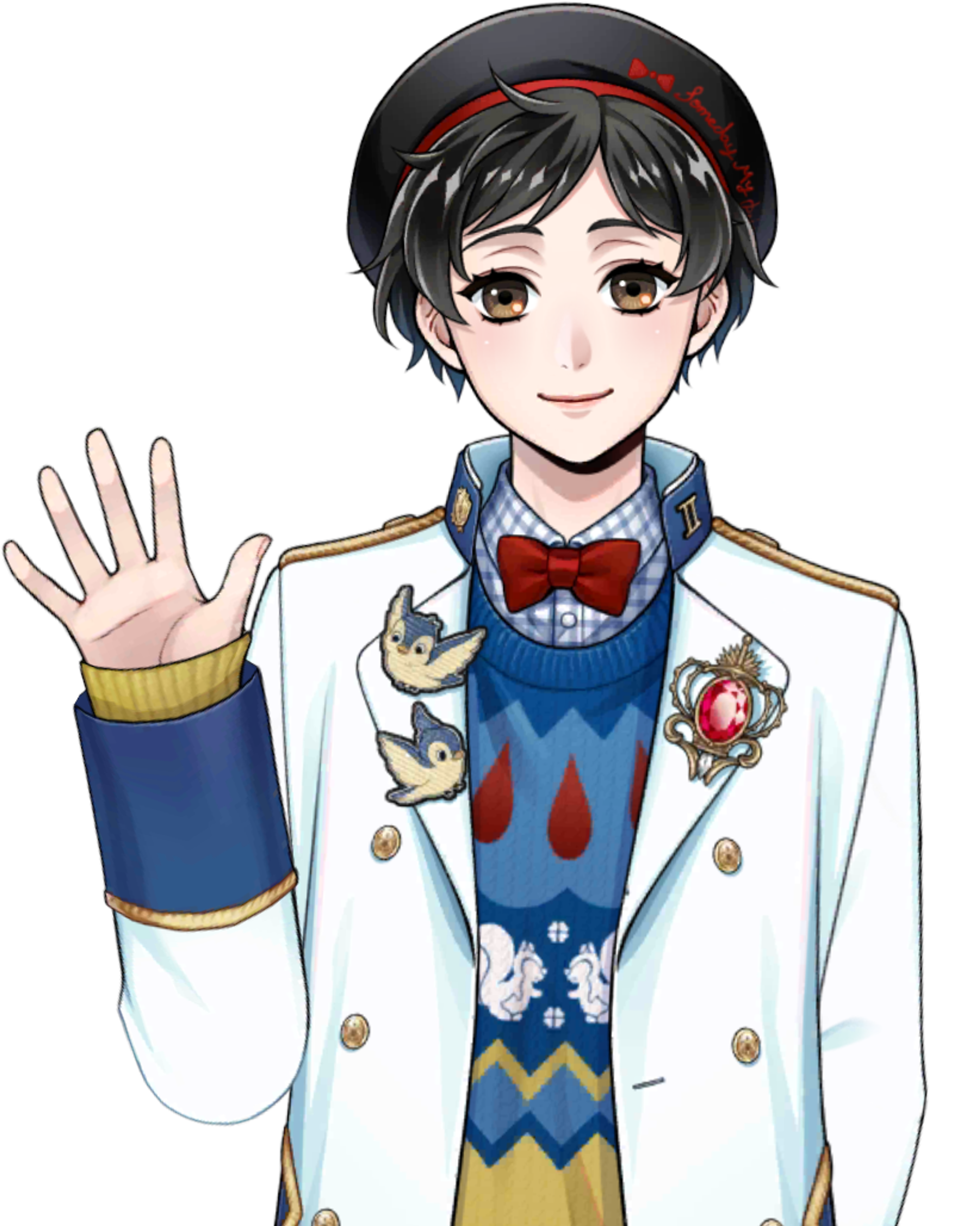 A young man with pale skin, black hair, and light brown eyes wearing a white uniform with blue and red accents