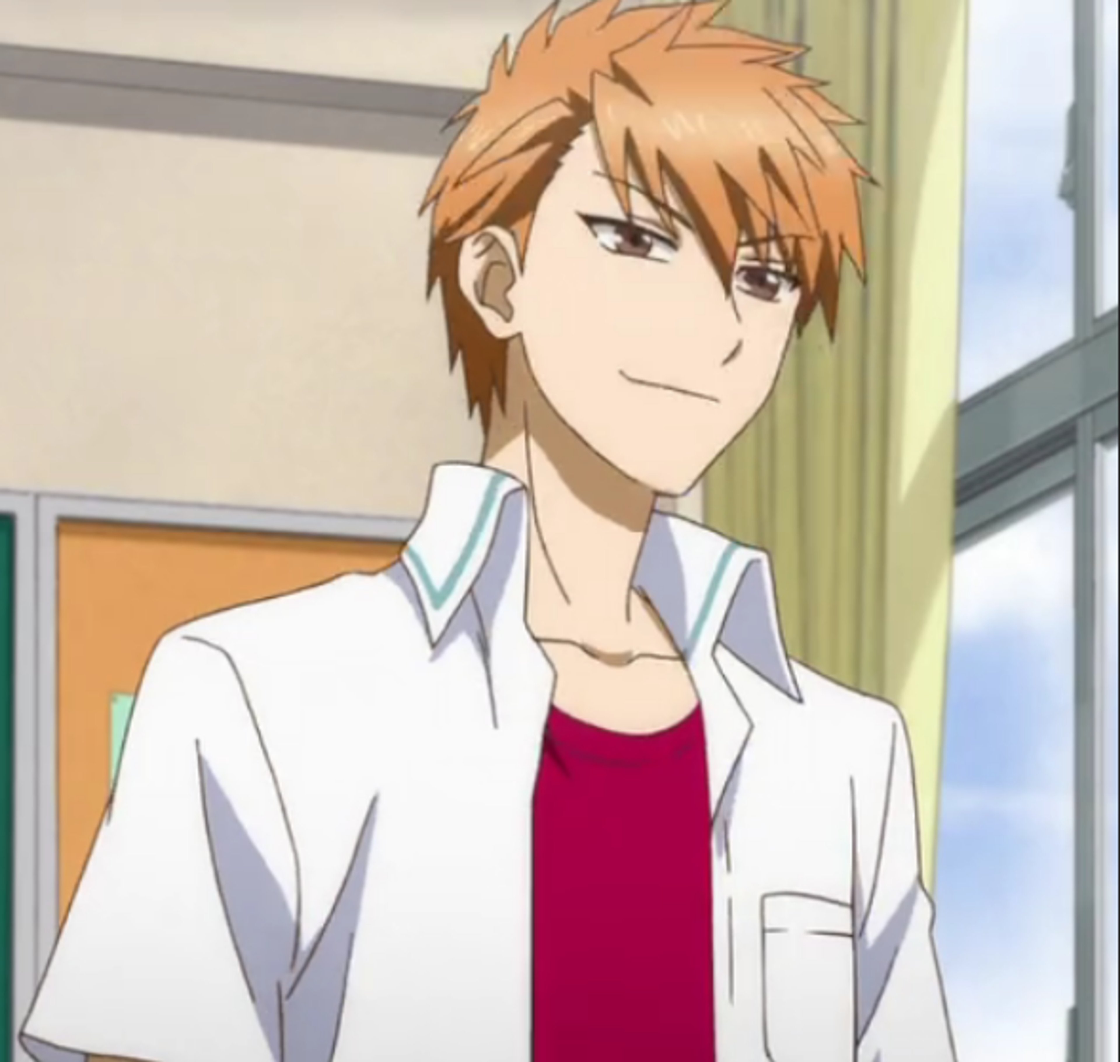 An anime-style character with orange hair wearing a white shirt