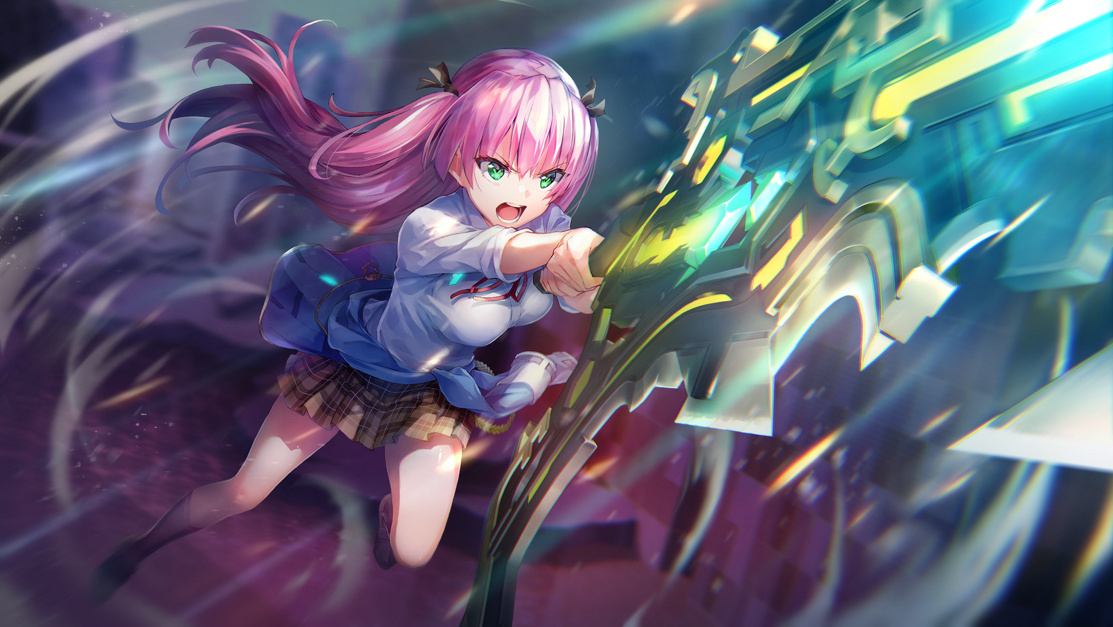 An anime-style character with pink twin-tailed hair wielding a large broadsword