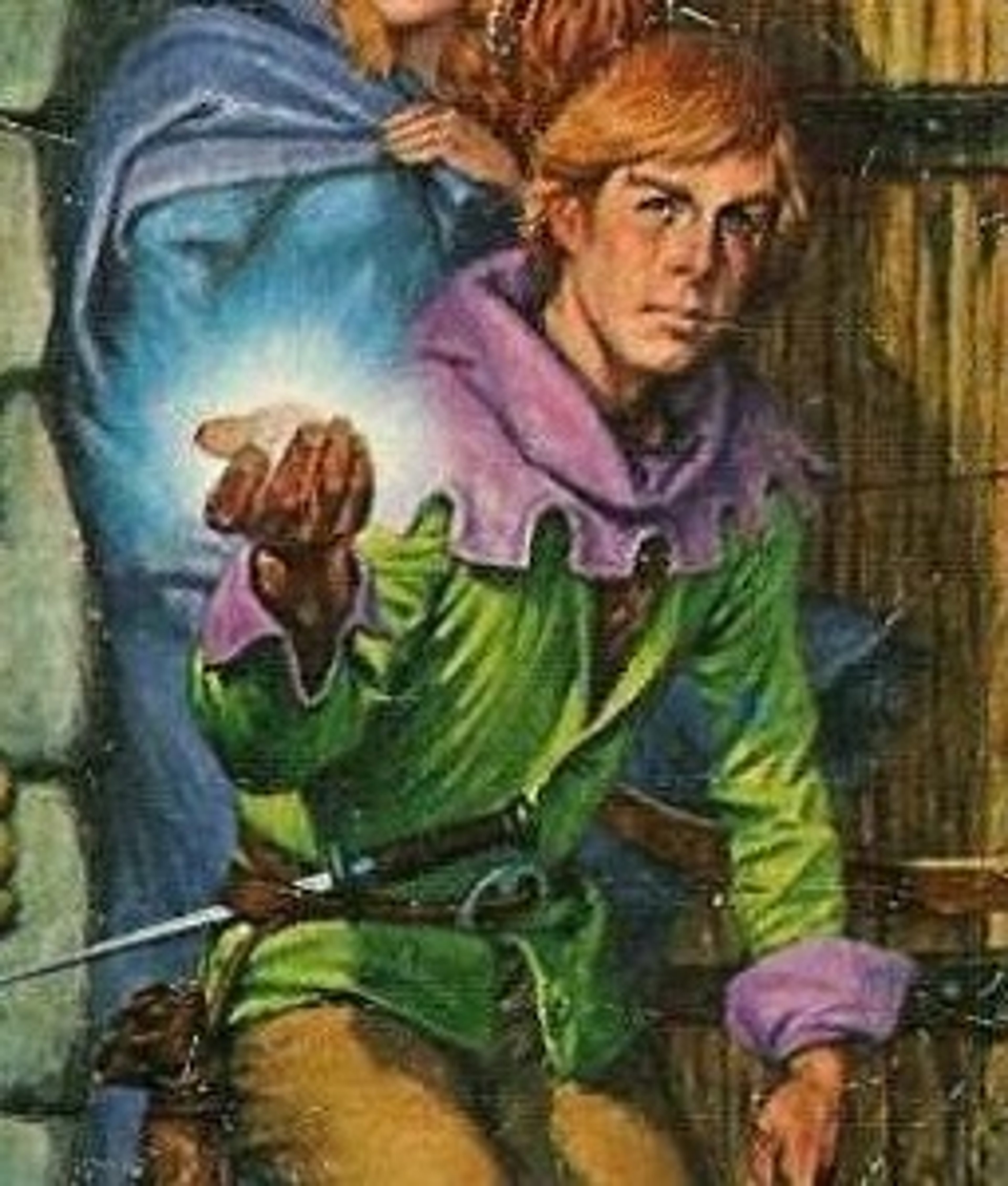 A young man with mixed human and elven heritage, wearing a green tunic and purple cloak, holding a magical artifact.