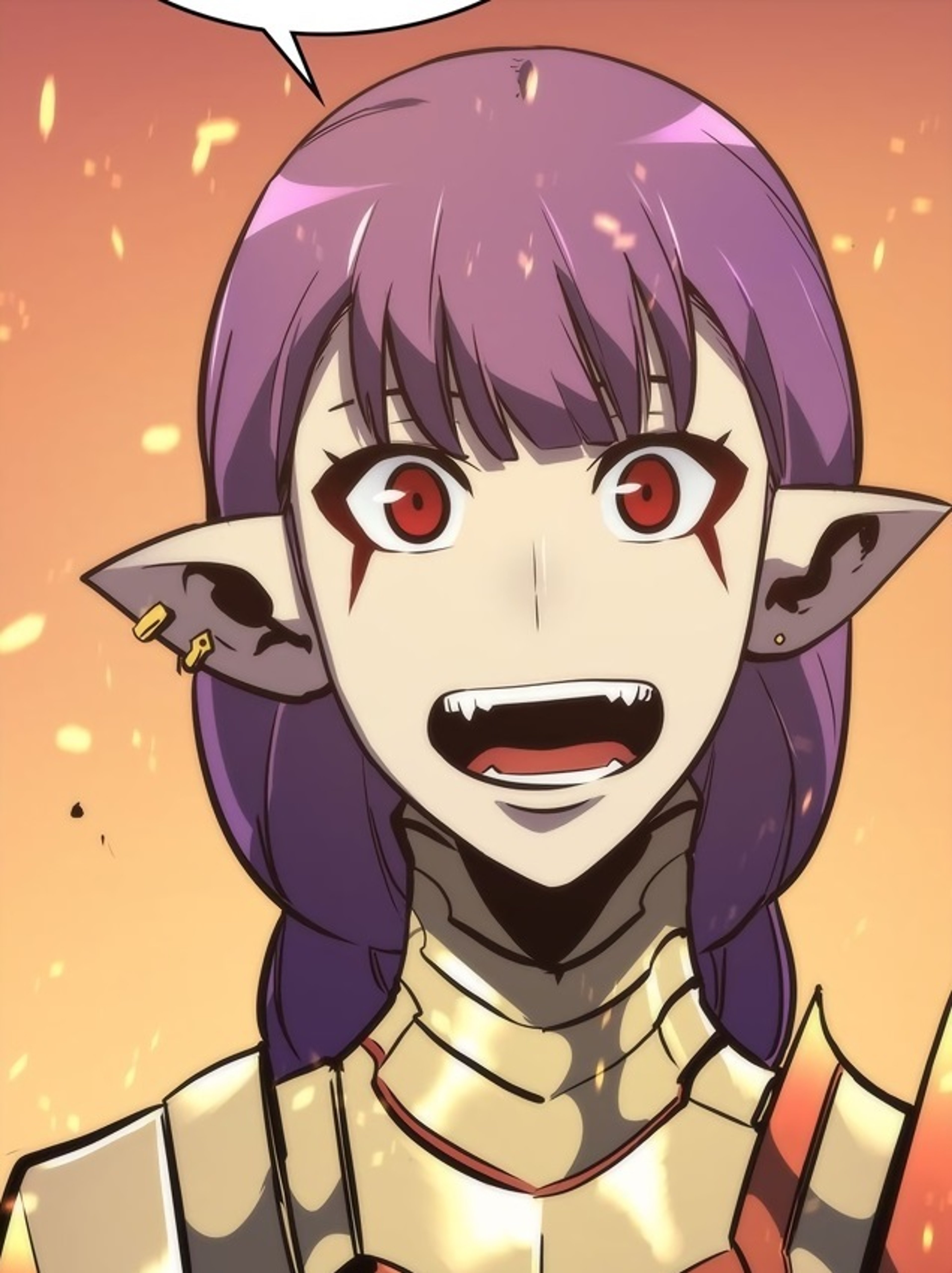 An anime-style character with purple hair, red eyes, and red eye markings wearing a white and gold outfit