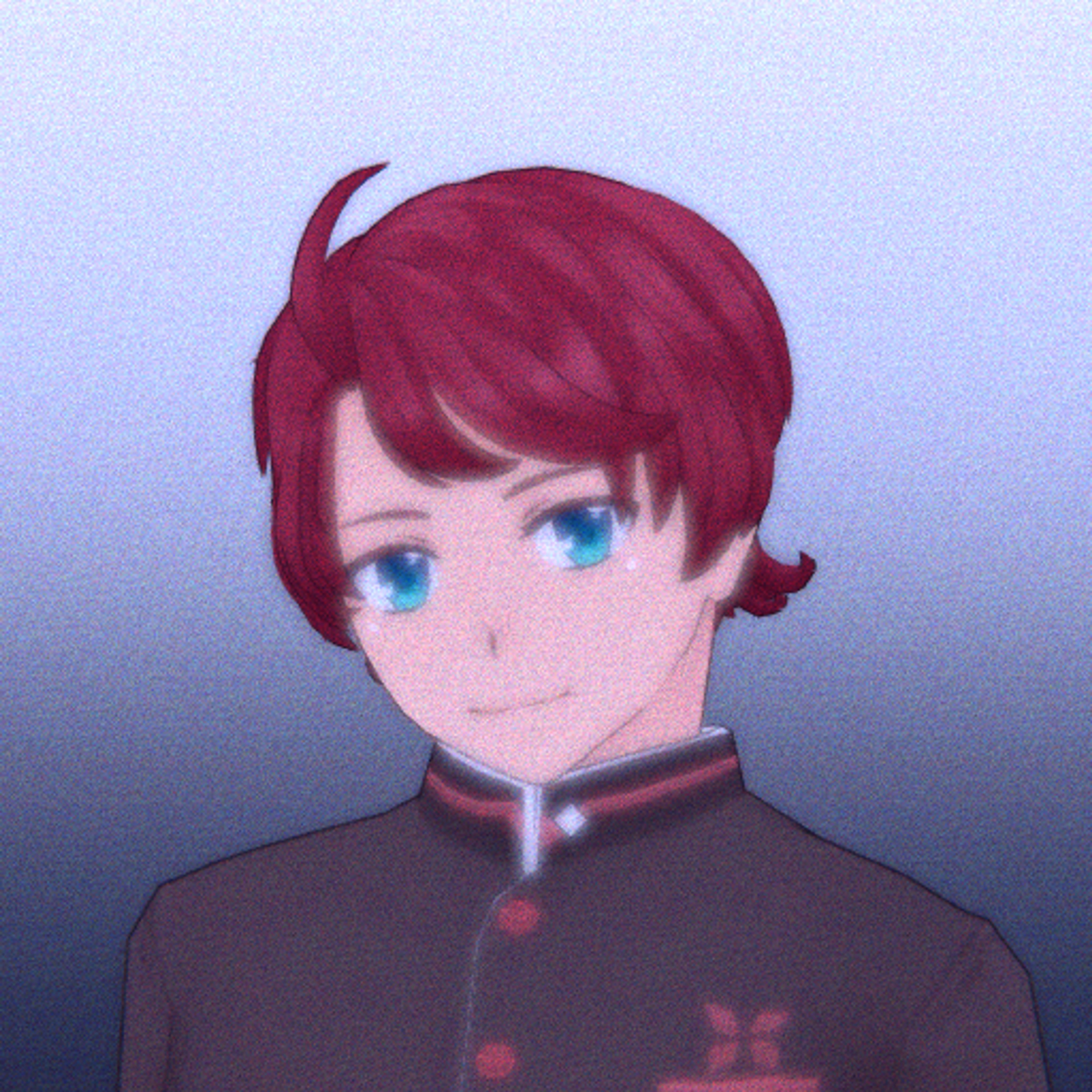 A young male high school student with wavy auburn hair and cyan eyes, wearing a dark gray apron over a school uniform