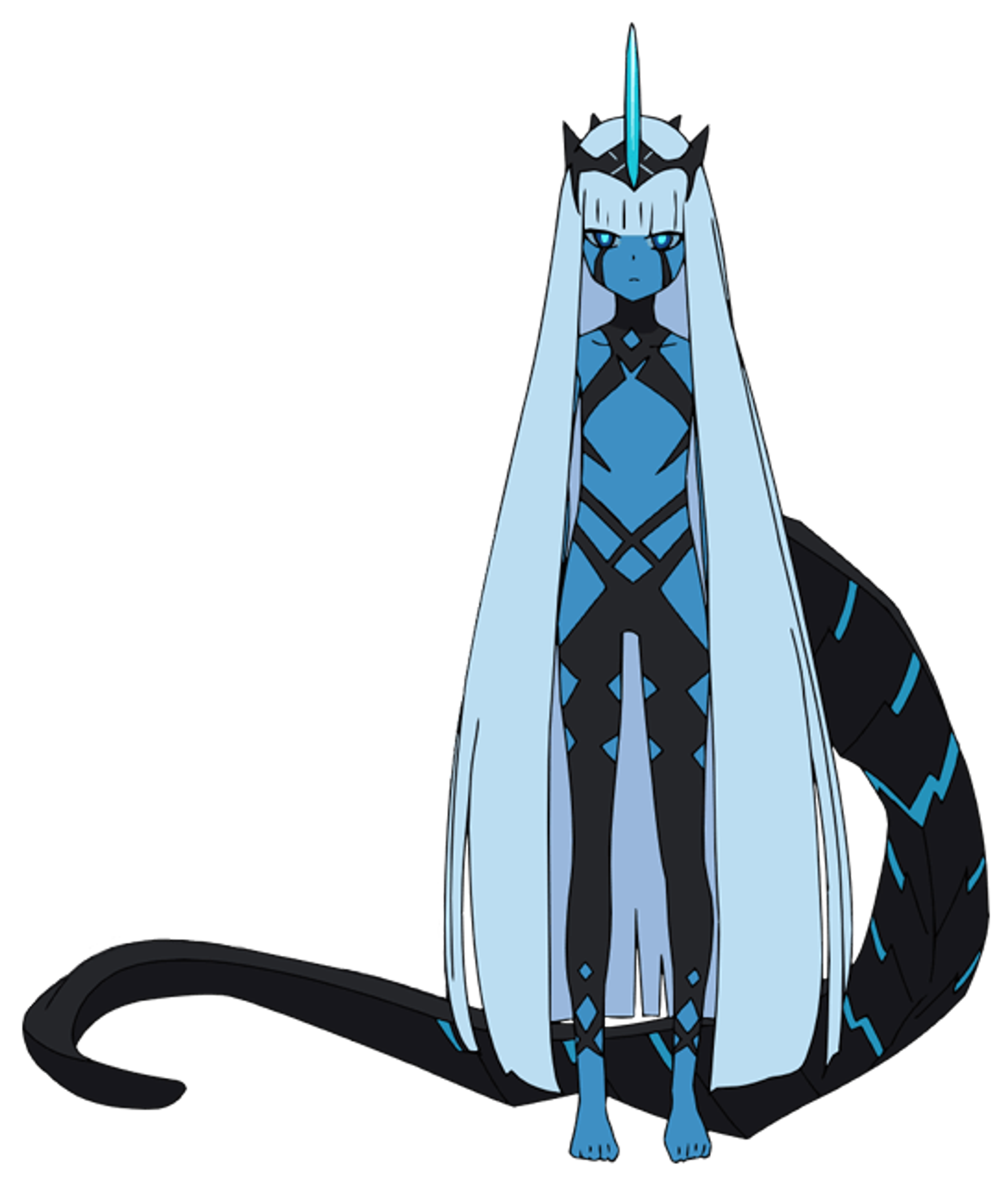 A detailed illustration of a blue-skinned humanoid figure with a regal appearance and spider-like appendages emerging from her back.