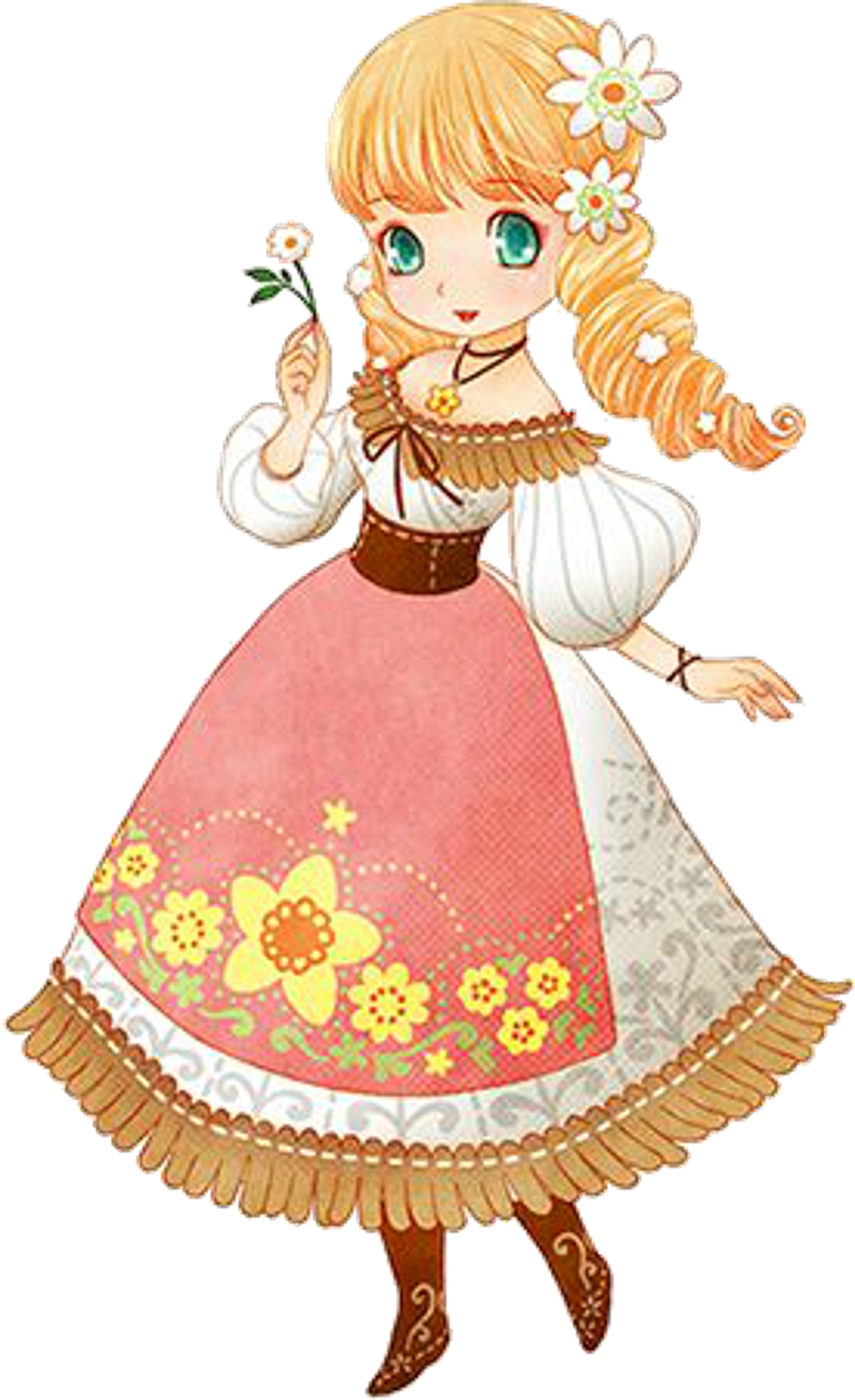An anime-style illustration of a young woman in a pink and white floral dress, with blonde hair and a flower accessory.