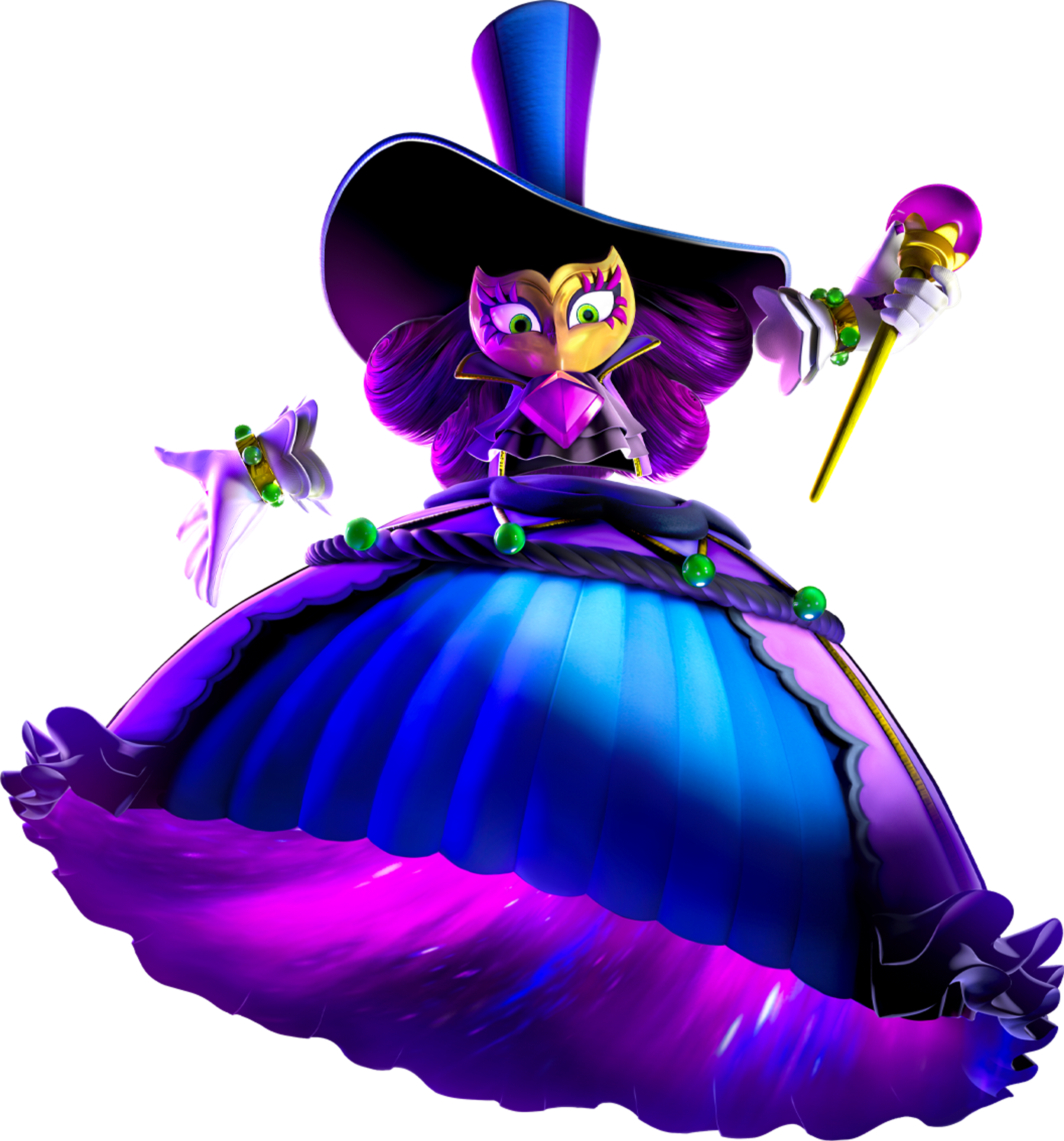 A theatrical sorceress character with an elegant, masked appearance and floating, magical abilities.